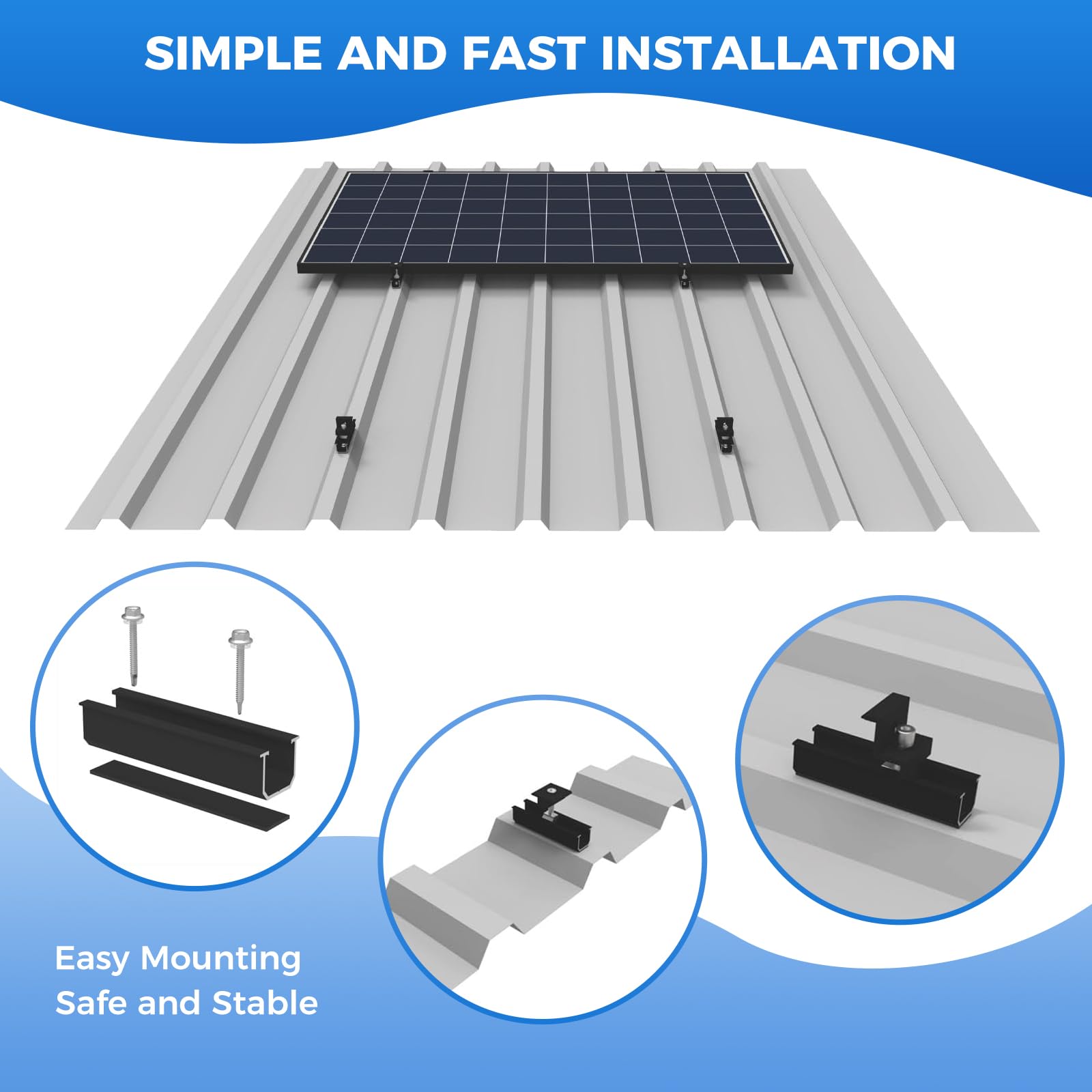 Solarmodul Halterung, Solarmodul Halterung für 4X Module, 12CM Schwarze Schiene + Verstellbare Klemme für 30-35MM Dicke Module, Alu Solarpanel Halterung Flachdach Trapezblech Blechdach
