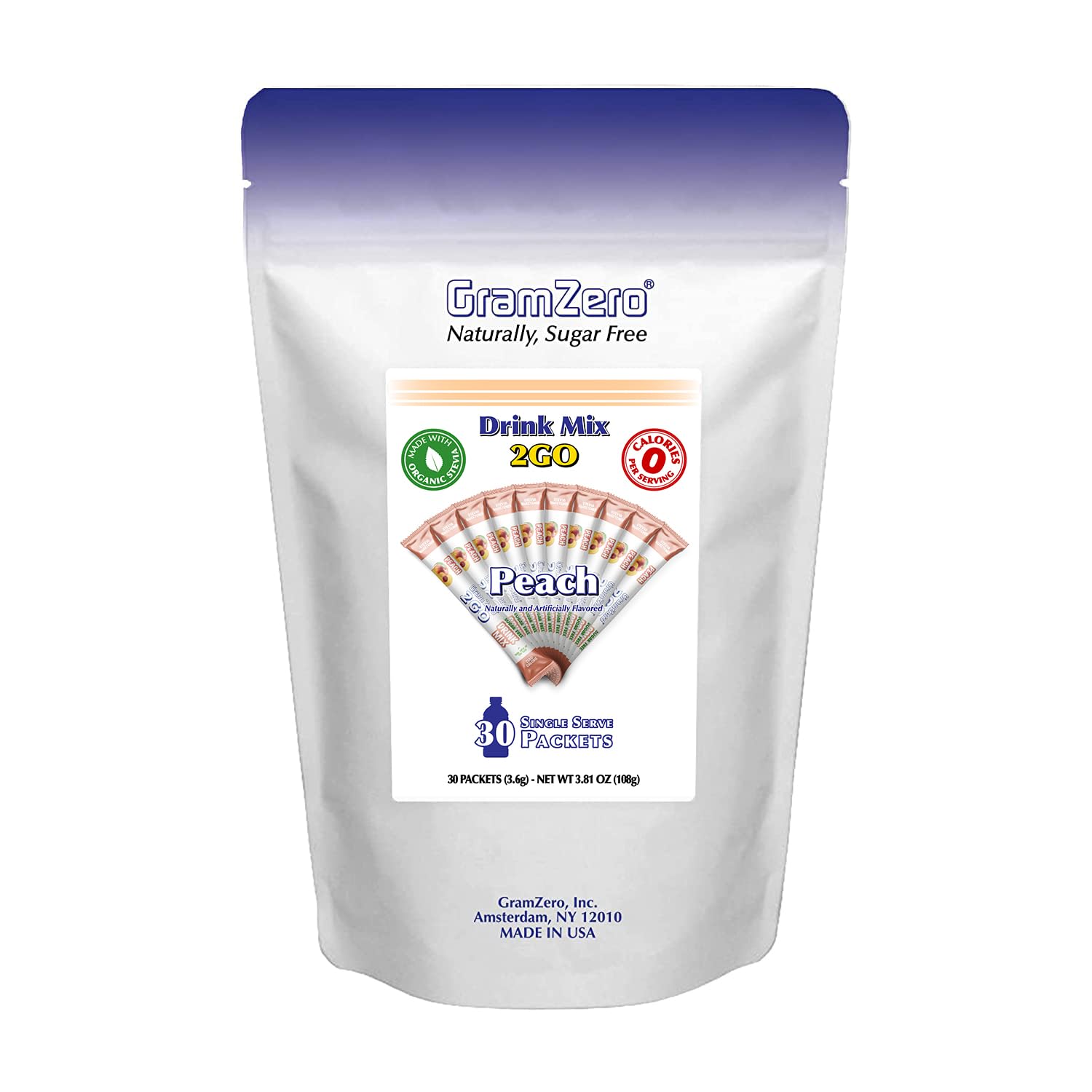 GramZero 2GO Sticks - Peach, Zero Calorie Sugar Free Drink Mix, Stevia Sweetened, Great For Nutrition Club Loaded Tea To Go Kits