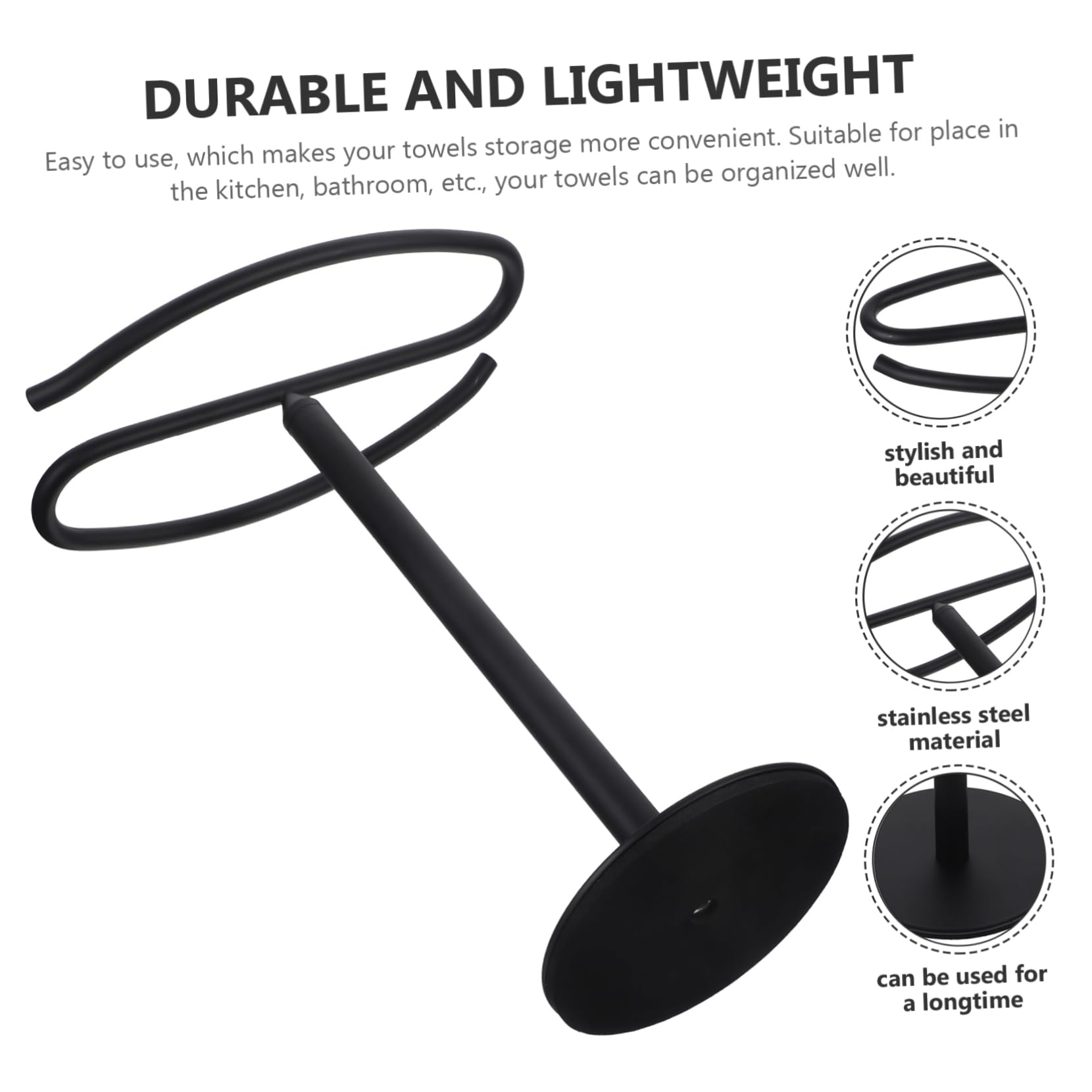 Cabilock Toallero de Baño Vertical de Acero Inoxidable Negro para Baño | Base Estable, sin Perforación, Admite Toallas de Varios Tamaños, Uso Diario en Hogar