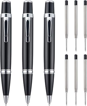 Wikult 3PCS Mini Ballpoint Pens with Extra Refills Set, 1mm Medium Point Black Ink, Smooth Writing Metal Pen for Business Office Teacher Student Wedding Guest Gift Silver Trim