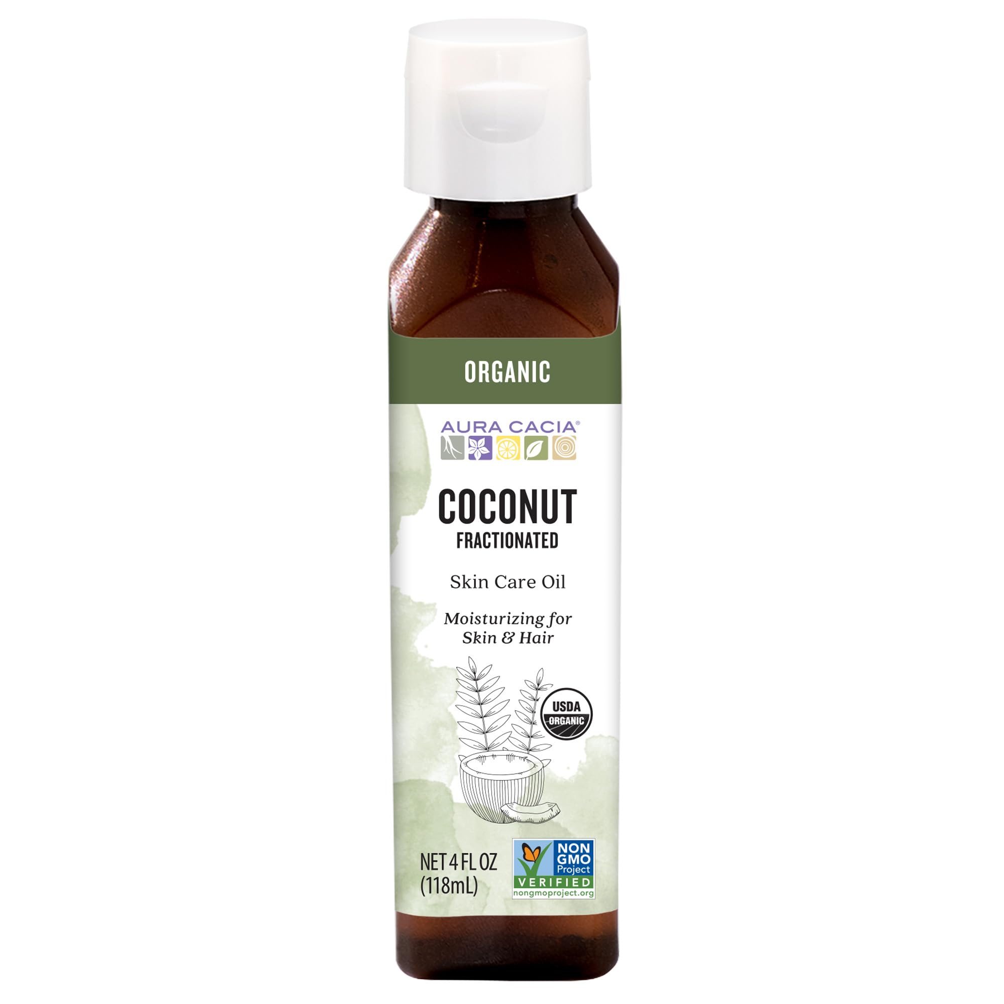 Olio biologico per la cura della pelle, cocco, frazionato, 4 fl oz (118 ml), Aura Cacia