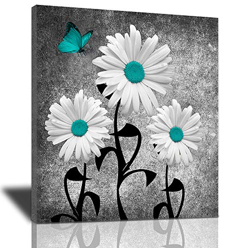 Bulldog Leather Works Abstract Bathroom Decor Canvas Wall Art, Teal Daisy Butterflies Farmhouse Flower Poster Black White Motivational Artwork Modern Home Decorations For Living Room Bedroom20x24inch