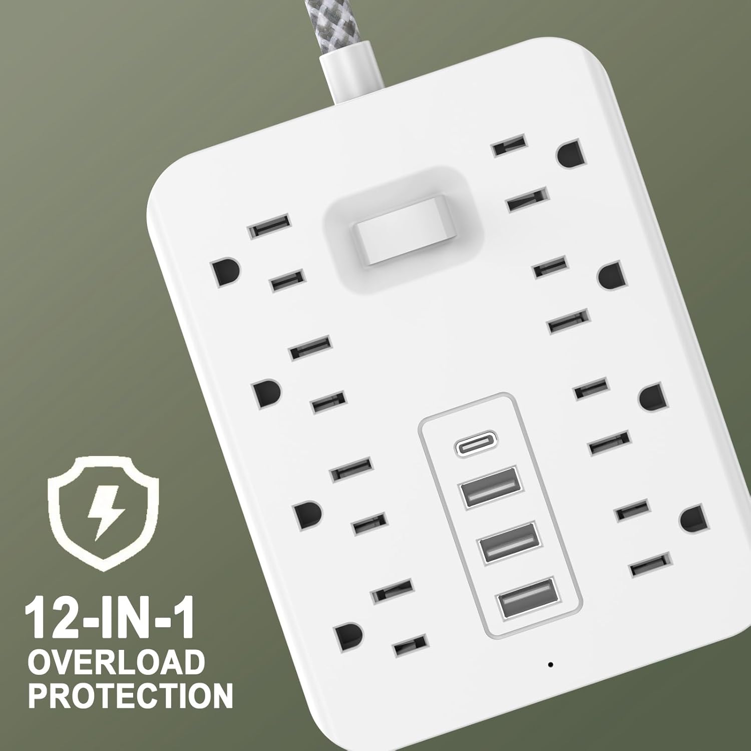 Flat Plug Power Strip with Surge Protector, 8 AC Outlets + 3 USB Ports + 1 USB-C, 5ft Extension Cord for Desktop, Travel, Home & Office(White)