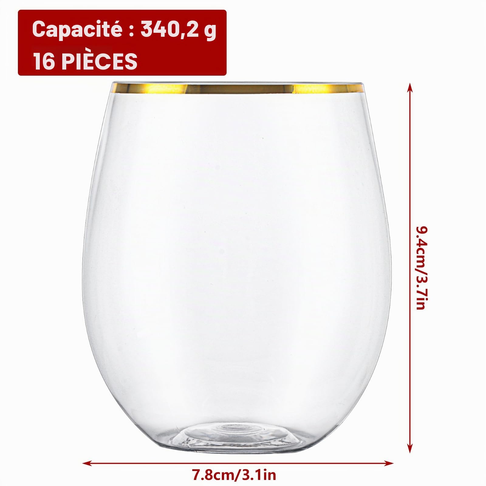 Lot de 16 verres à vin sans pied en plastique incassable - Réutilisables - Bords dorés - Pour fête, mariage, pique-nique