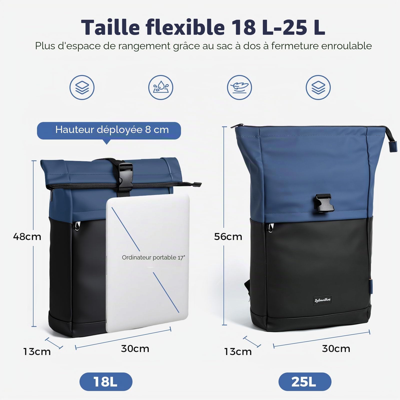 Sac a Dos Etanche, Sac à Dos Ordinateur Unisexe Extensible de 18 à 25 Litres avec Fermetures Éclair Antivol, Sac à Dos Travail pour Voyage, École, Loisirs - Bleu
