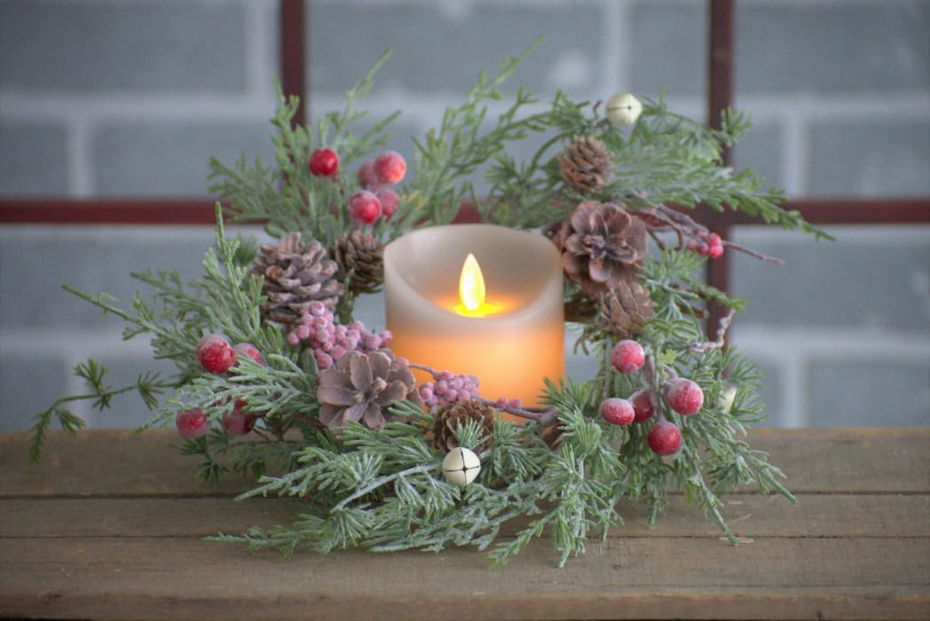 Christmas Eve 4.5 inch Candle Ring with Greenery, Pinecones, and Berries