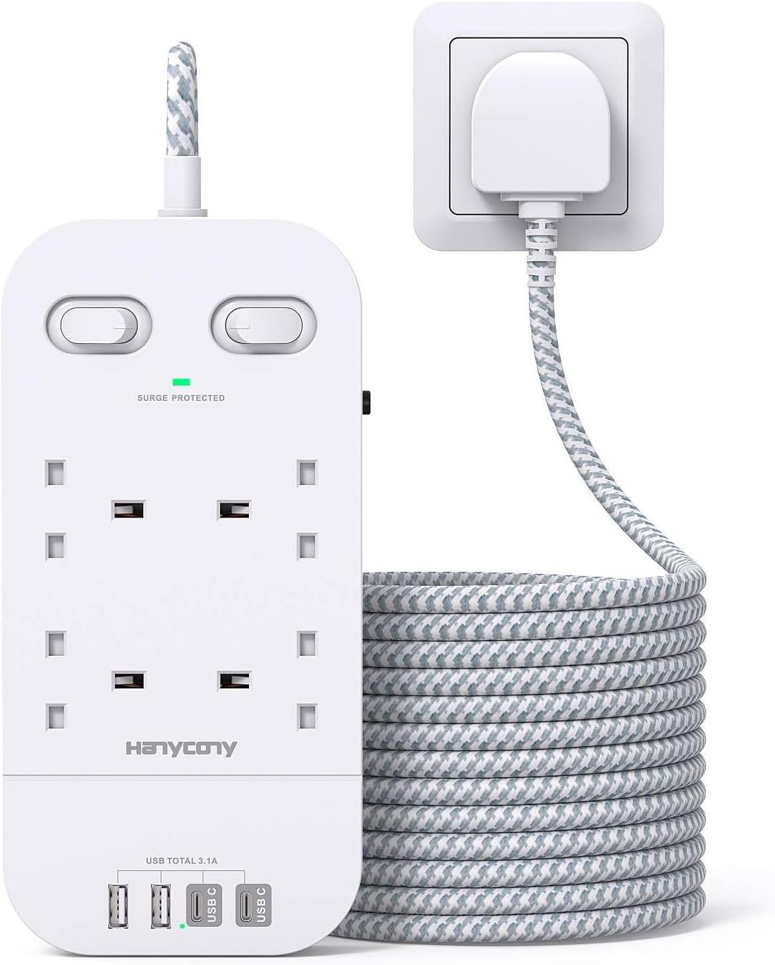 Extension Lead with 4 USB Slots, 3M Extension Cable, 4 Way Outlets Power Strip with 1800J Surge Protection, Double Switch Plug Extension with 10FT Braided Extension Cord for Home Office Accessories