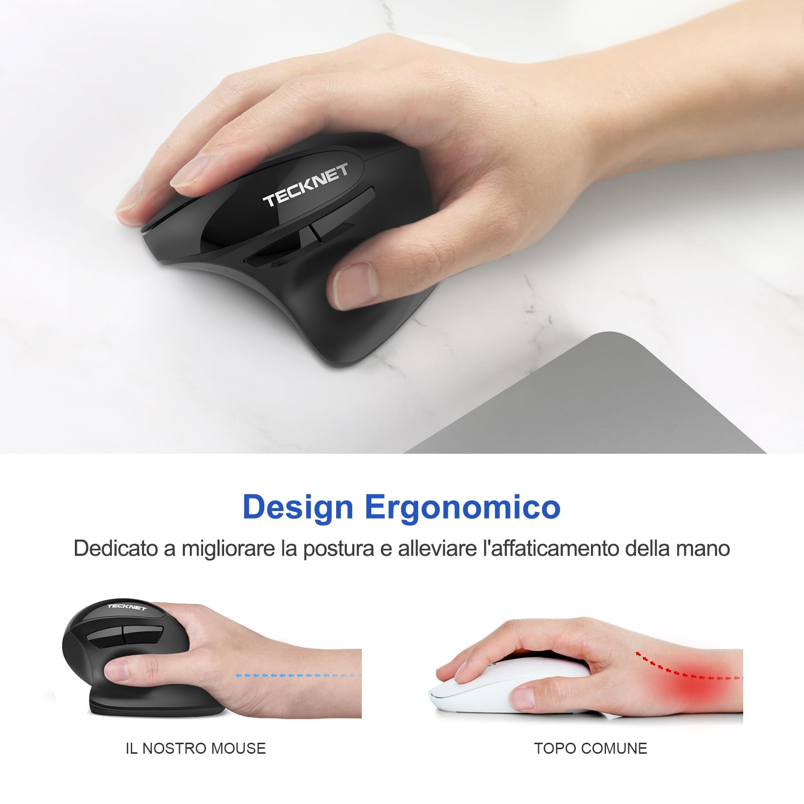 TECKNET Mouse Verticale Ricaricabile,Mouse Ergonomico Wireless 2400 DPI, 6 Pulsanti con 5 Funzioni Regolabili DPI per Computer, Laptop, Mac