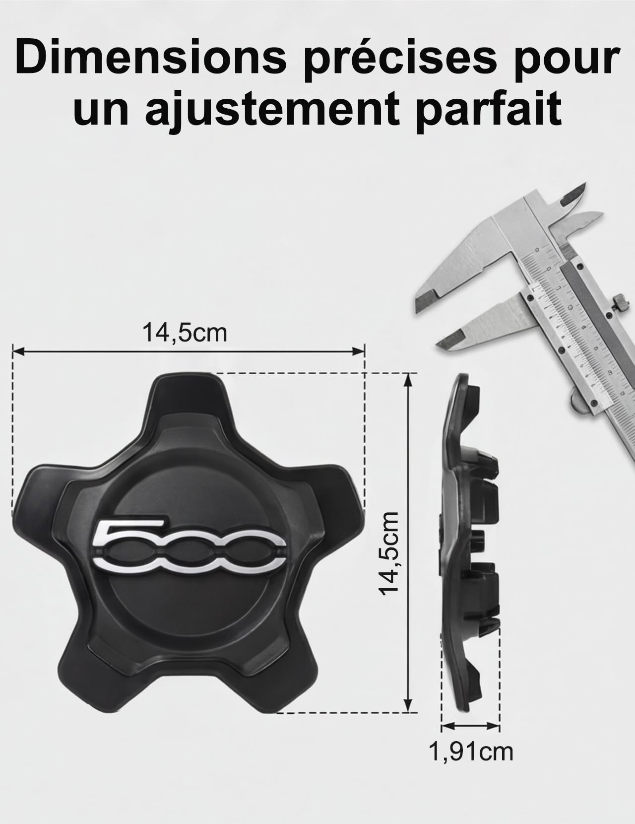 Enjoliveur Fiat 500X, Cache Moyeu Central (1 Bord Noir Lettres Argent) | Remplacement Direct, Fixation Renforcée, Compatible 2012-2022, Résistant