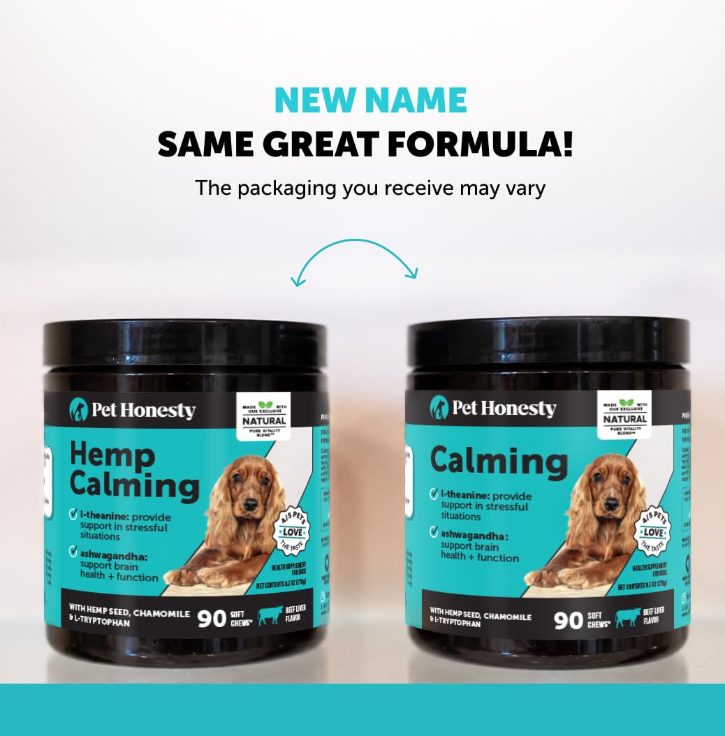 Pet Honesty Cáñamo natural calmante para perros – Alivio de la ansiedad en perros – Calmante con raíz de valeriana, manzanilla + magnesio – Estrés, separación y ayuda a los truenos