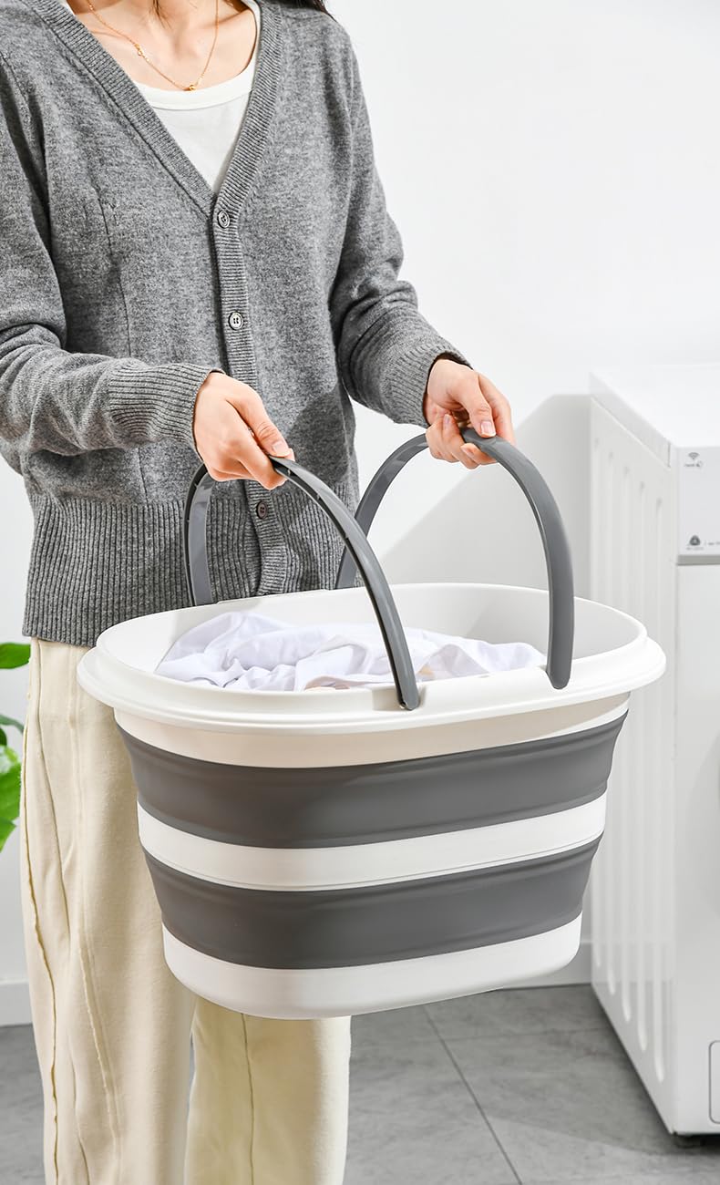 Seau pliable 16L/28L avec poignée - Seau de nettoyage pliable pour camping, pêche, nettoyage, lavage de voiture - Capacité grande et souple - Léger et élégant (Gris, 16L)