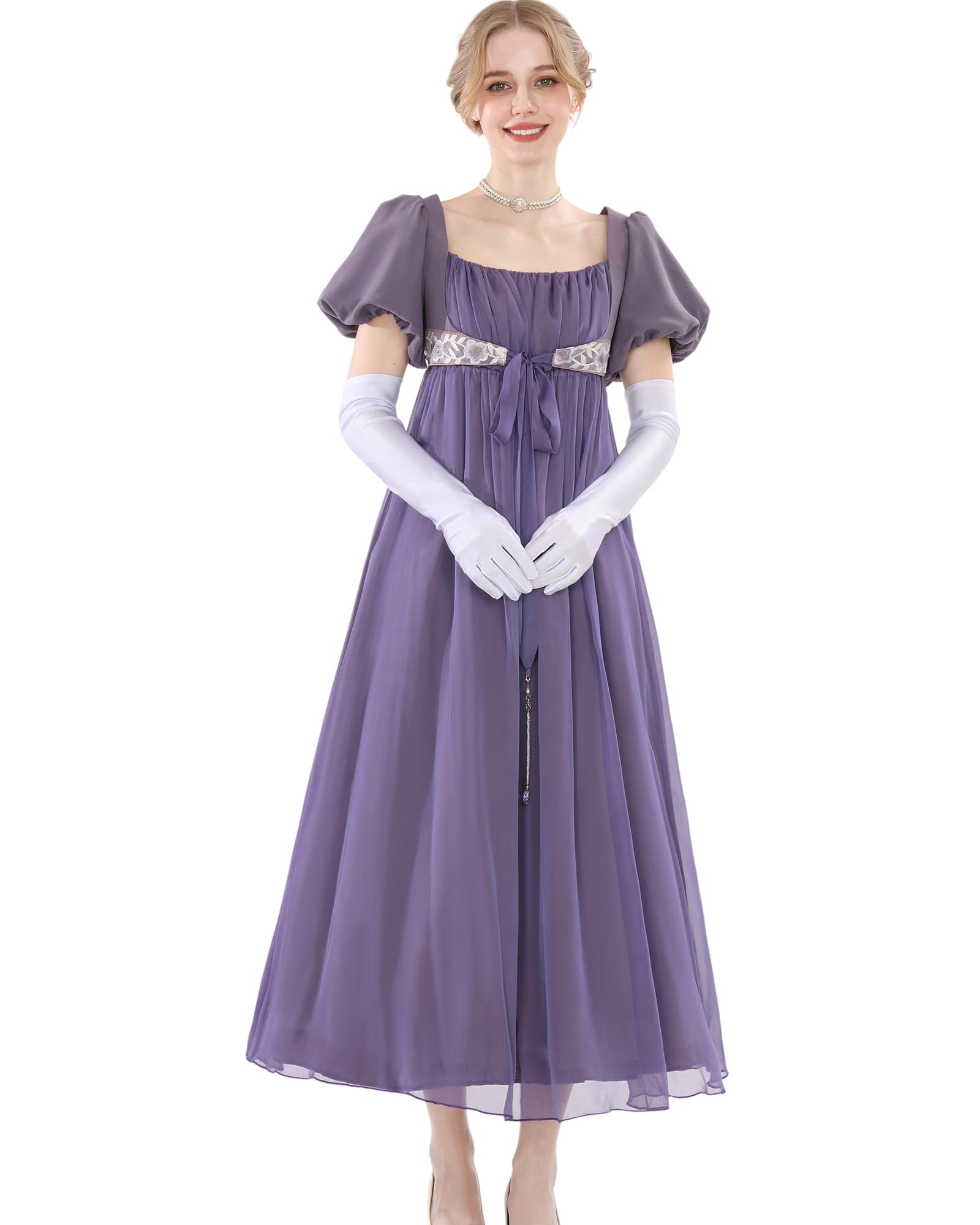 Damen Regency Empire Kleid 19.Jh. Kostüm mit Handschuhen Hochzeit Tee Party