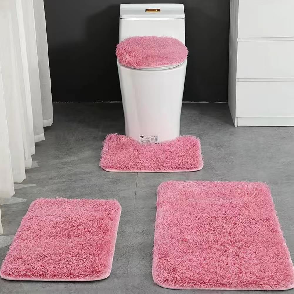 Huniupore 4 Piece Non Slip, Toilet Lid Cover and Contour Mat, Bath Mats Shower Mats Bath Rug Mat for Tub Toilet Bathroom (Pink)
