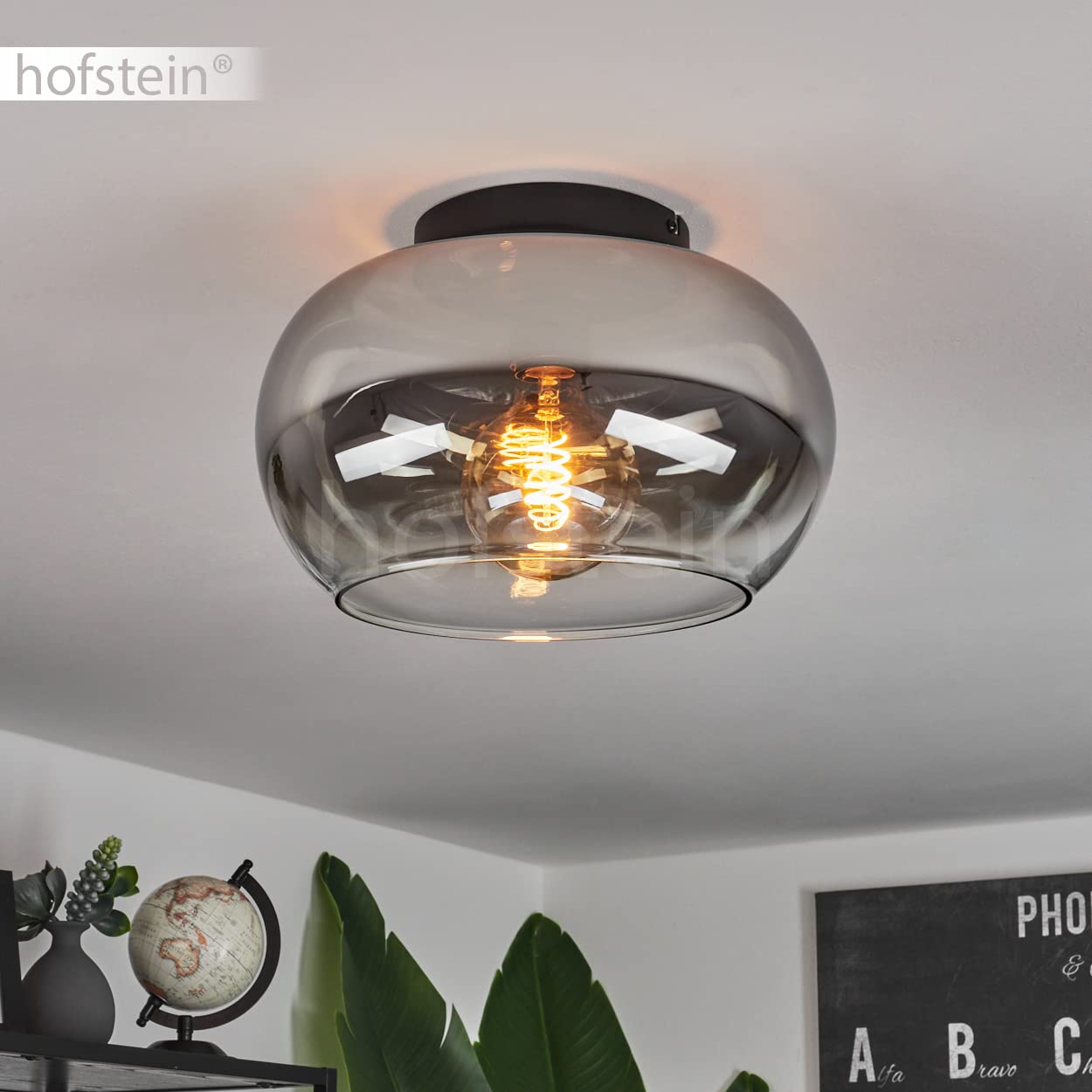 HOFSTEIN Deckenleuchte Molloy, Deckenlampe aus Metall/Glas in Schwarz/Rauchfarben/Klar, moderne Leuchte im Retro/Vintage-Design, Ø 31 cm, E27, Schlafzimmer, Wohnzimmer, Küche, Esszimmer