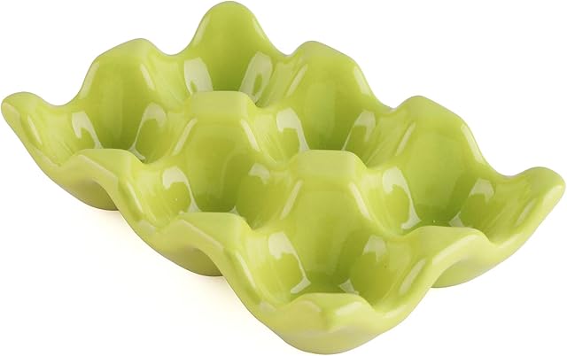 Ceramic Egg Holder 6 Cups Egg Tray Porcelain Fresh Egg Holder for Fridge Countertop Kitchen Storage (Green)