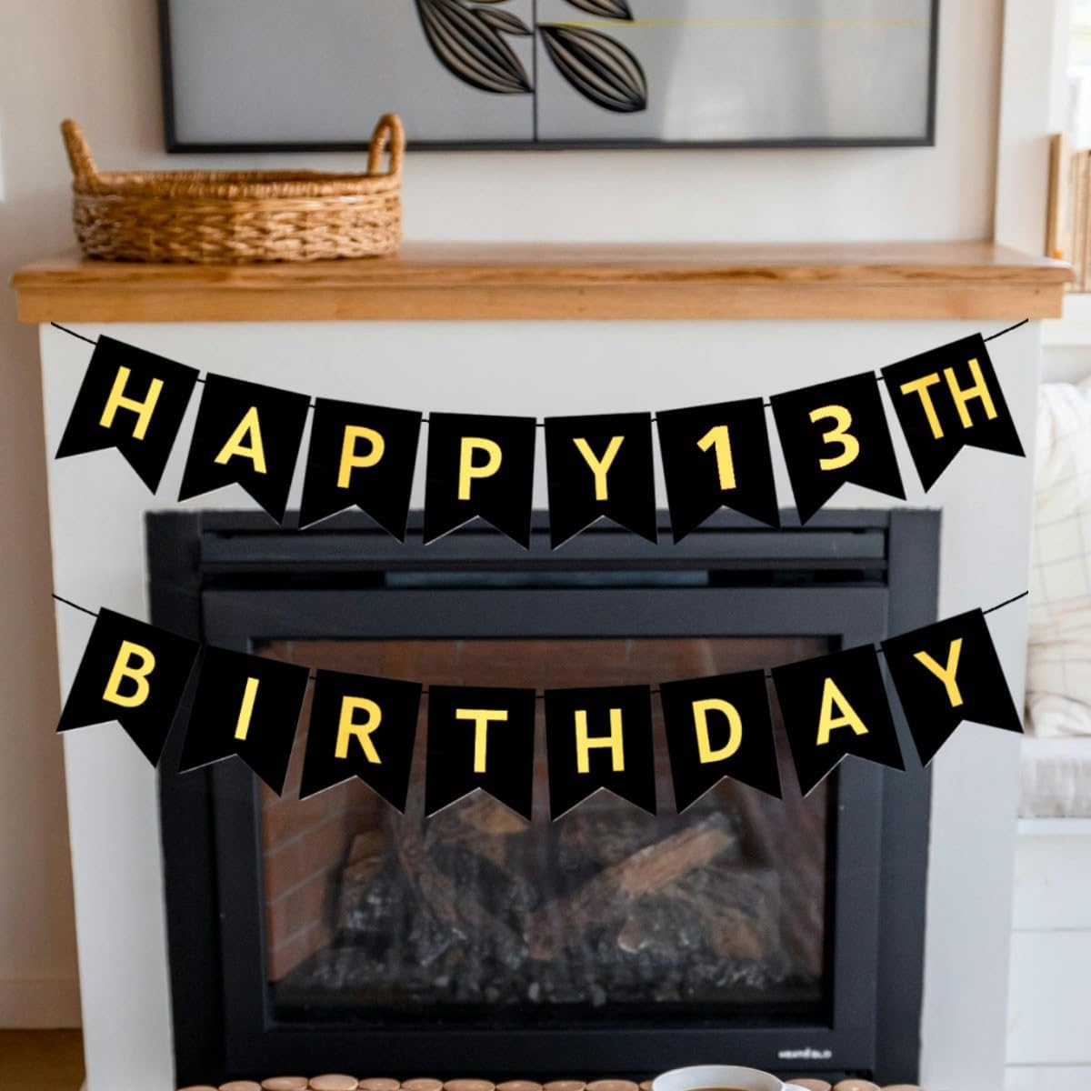 HAPPY 13TH BIRTHDAY Banner, Pre-Strung, Black Gold 13th Birthday Party Decorations, Happy 13 Year Old Bday Party Bunting, Thirteen Birth Flag
