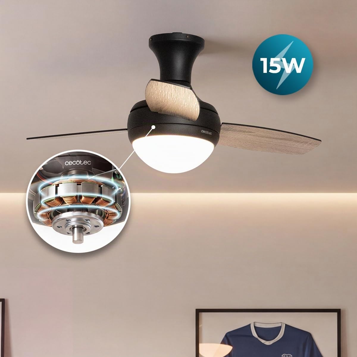 Cecotec Ventilatore da Soffitto con Luce EnergySilence Aero 352 BlackBee. 15 W, Motore DC, Diametro 36" (91,5 cm), 3 Pale, 3 Toni LED, Telecomando, Timer 8 h, 6 Velocità, Nero, Lampadina Non Inclusa