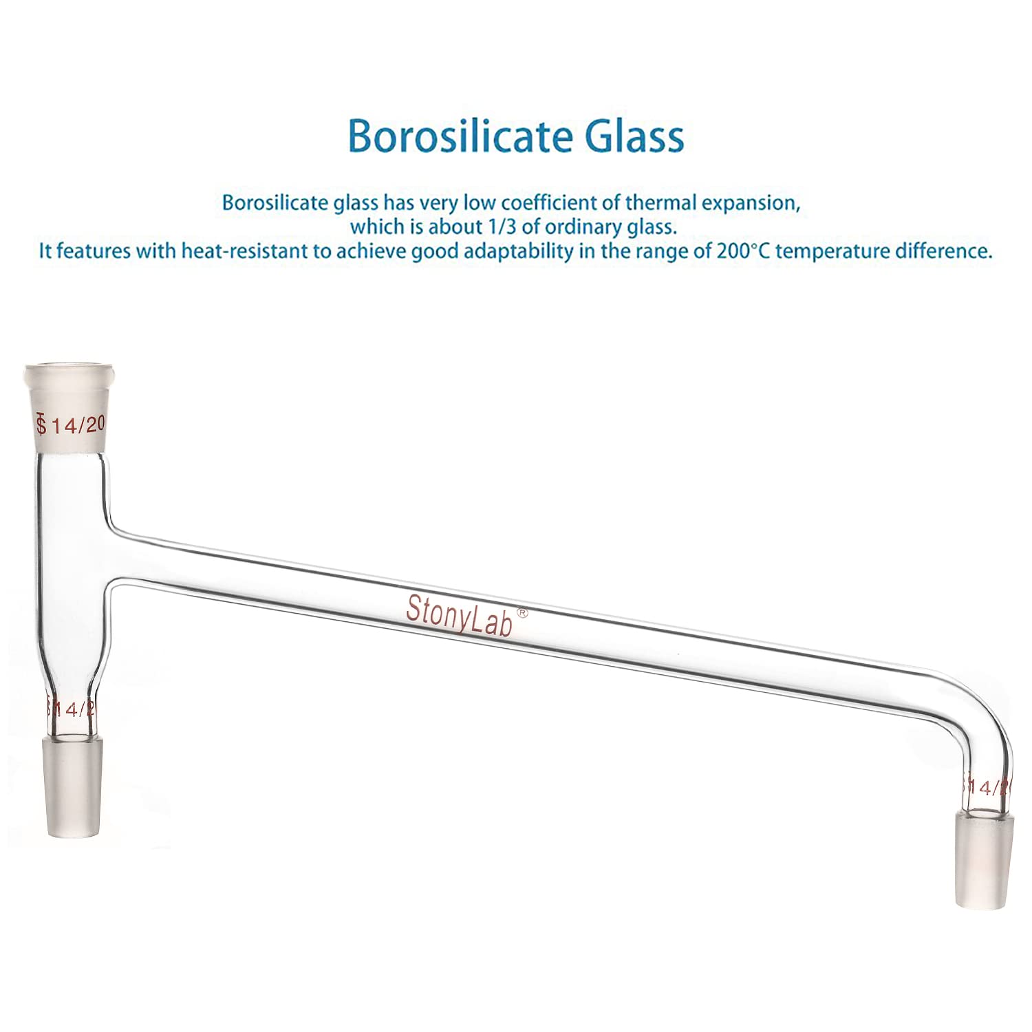 stonylab Borosilicate Glass 75 Degree Bent Distilling Adapter, with Two 14/20 Inner Joints and One Outer Joint, for Laboratory Distillation — Amazon image 4
