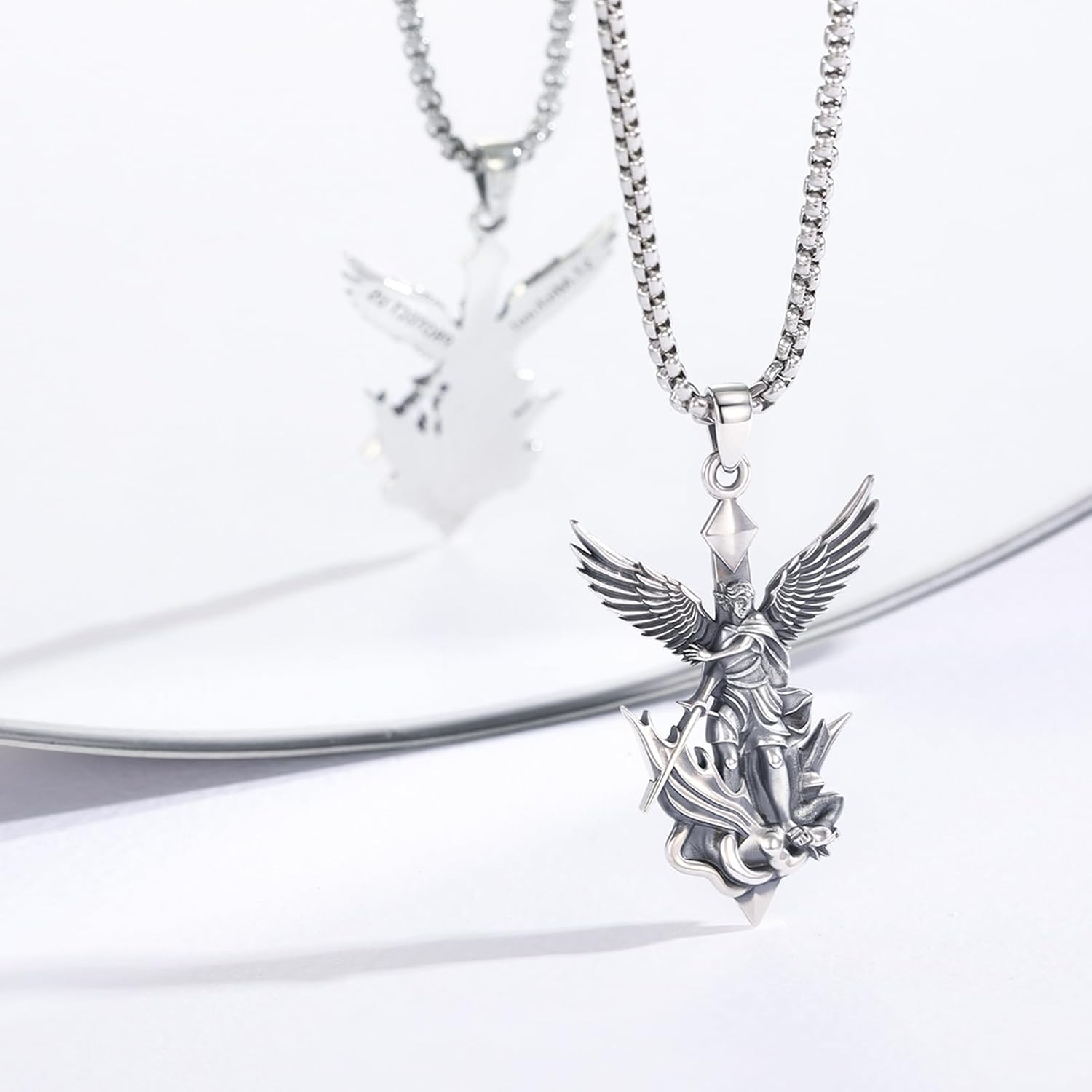 Christmas Protective Jewelry Gifts St. Michael Necklace 925 Sterling Silver Oxidized Religious Amulet Pendant for Men Women, Guardian Angel Jewelry