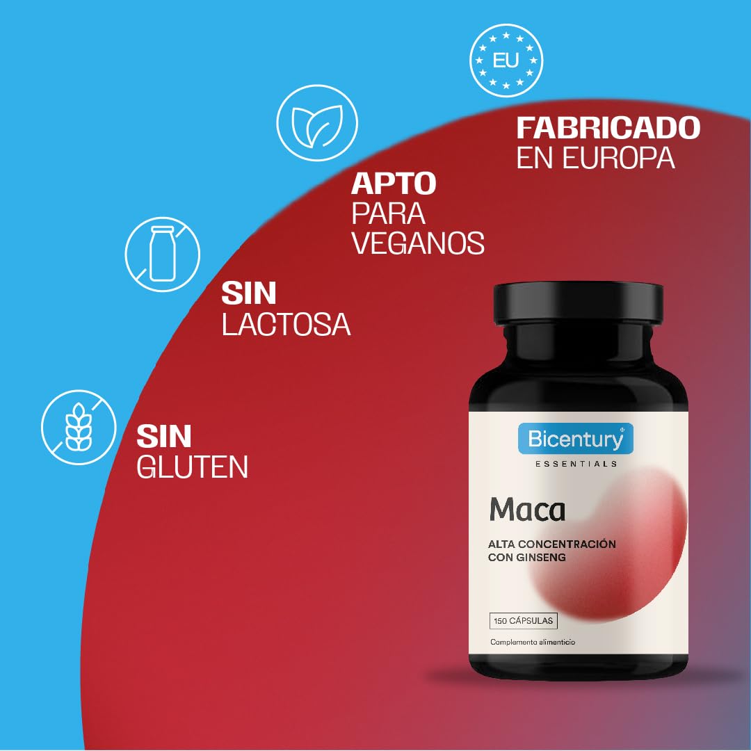 Bicentury Maca – Complemento alimenticio Energizante con 5000mg de Maca y 1250mg de Ginseng – 150 Cápsulas, 1 cápsula al día, Sin Gluten ni Lactosa, Vegano