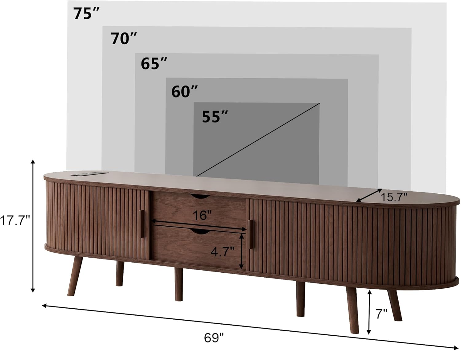 69" Mid Century TV Stand for TVs 55“-”80", Modern Entertainment Center with Sliding Doors & Power Outlet, TV Media Console with Storage Drawers and Shelves, TV Stand for Living Room, Bedroom, Walnut - Image 3