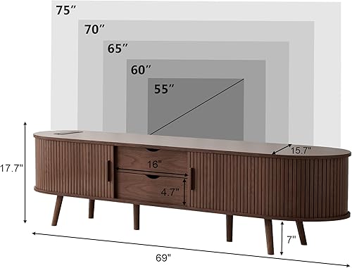 Miniatura 3 de Soporte de TV de mediados de siglo de 69 pulgadas para televisores de 55 a 80 pulgadas, moderno centro de entretenimiento con puertas correderas y