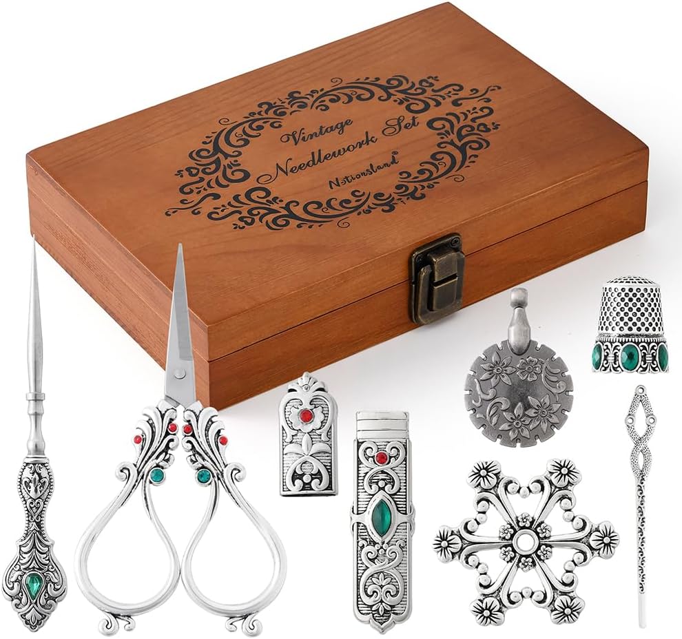 NOTIONSLAND Vintage Embroidery Scissors Kit, Stainless Steel Sewing Tools, Scissors, Sewing Awl, Needle Case, Thimble, Winding Board for Sewing, Knitting, Cross Stitch, Quilting, Silver
