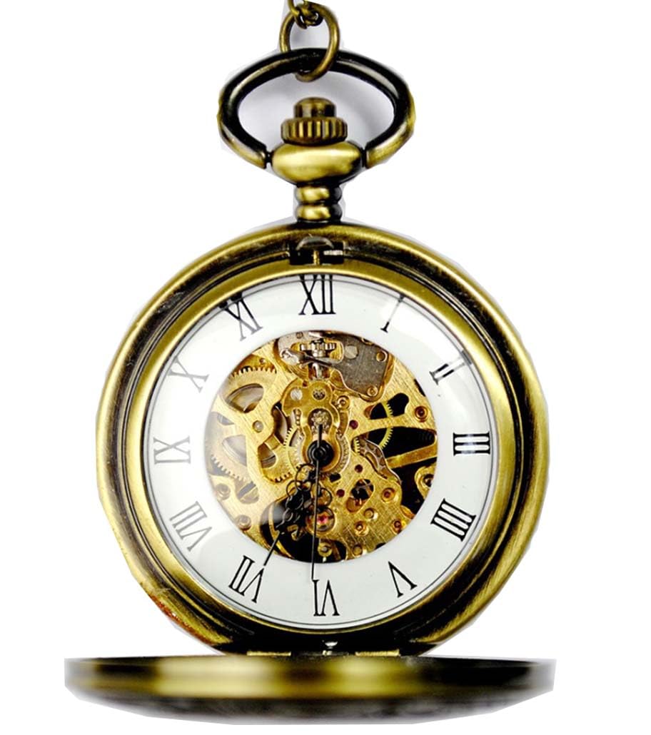 DerMacht Mechanical Roman Numerals Dial Bronze Skeleton Pocket Watches with Box and Chains for Mens Women