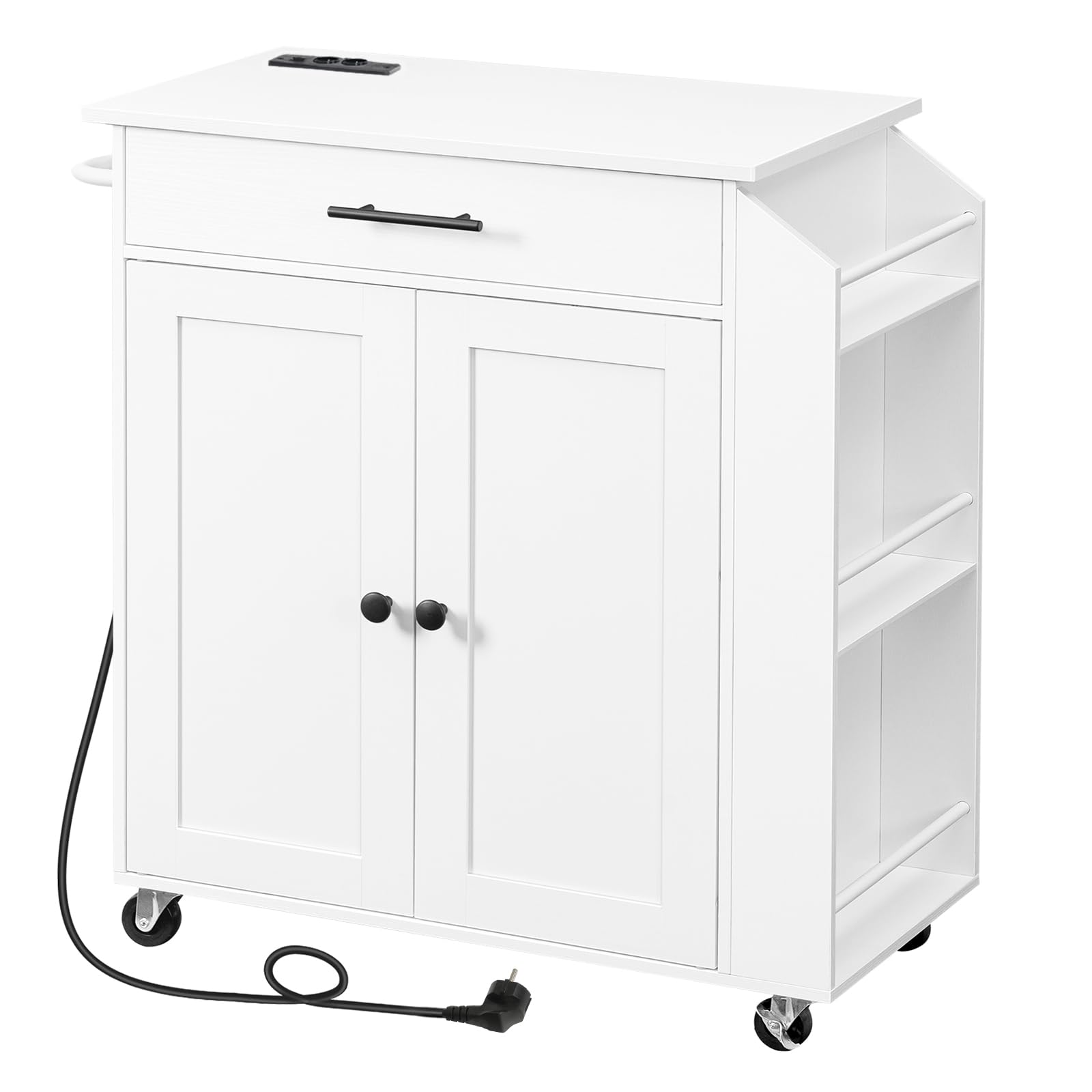 HOOBRO Küchenwagen mit Arbeitsplatte, Kücheninsel Küchenschrank mit Steckdosenleiste, bewegliche Kücheninsel mit Schublade und Gewürzregal, Küchenwagen auf Rollen, 80,8 x 38 x 86 cm, EWT82CZD01