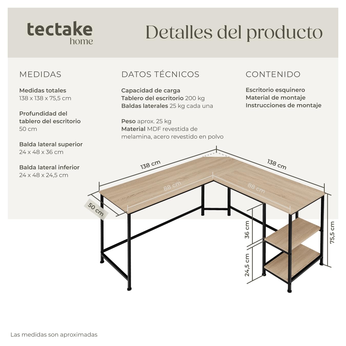 tectake® Escritorio de Esquina, Mesa en L con Estantes, Mesa Escritorio para Ordenador, Escritorio Industrial Madera Acero, Mesa de Oficina, Escritorio Estudio - Madera Industrial Clara, Roble Sonoma