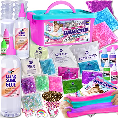 FUN KIDZ Unicorn Slime Kit for Girls, Fluffy Cloud Slime Toys Gifts for Ages 8-12 10-12 Kids Butter Squish Glitter Foam Clear Slime Making Kits for 6 7 8 9 10 Years Old with Unicorn Charms Supplies