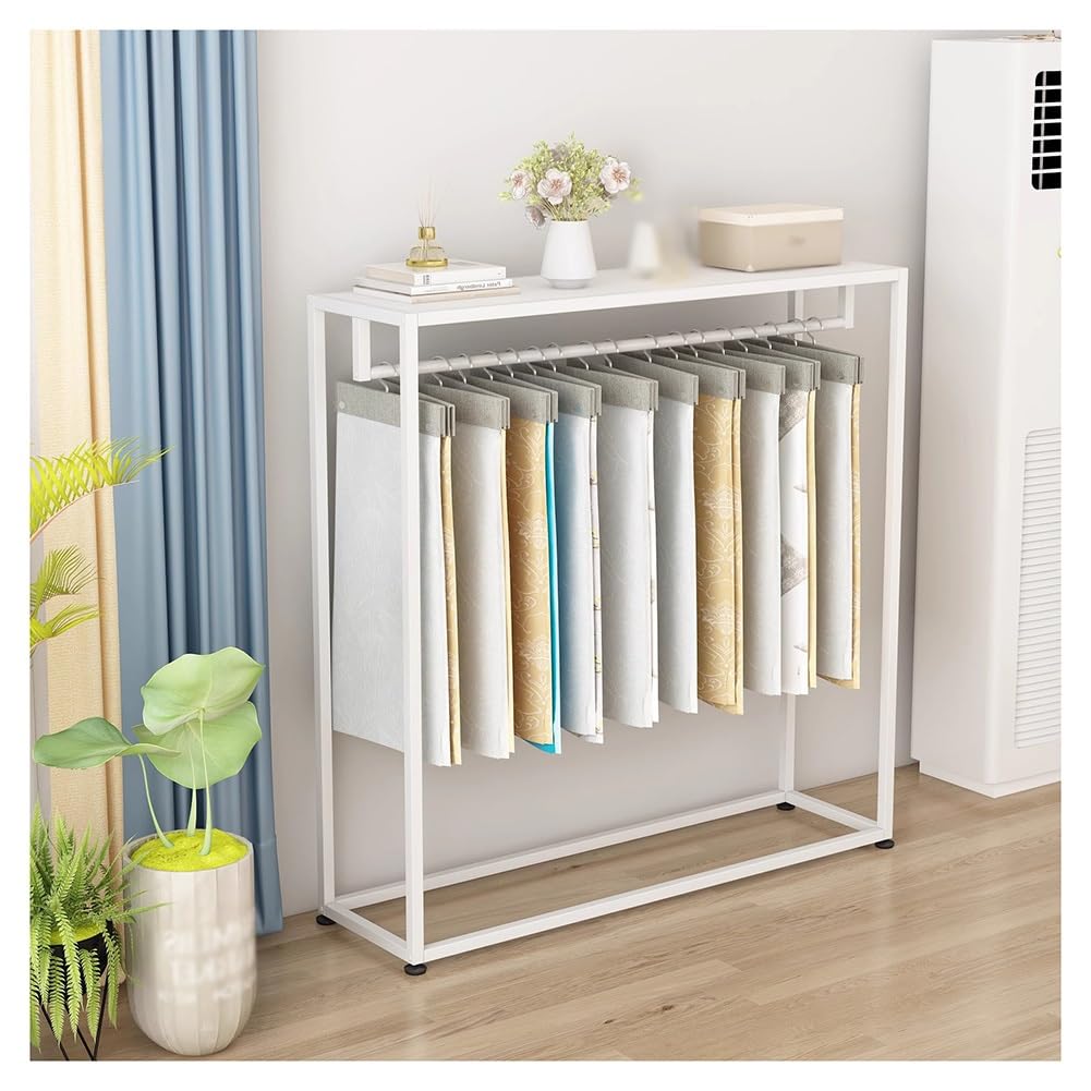 Commercial Heavy Duty Metal Quilts Storage Rack, Floor-Standing Curtain Fabric Sample Display Rack, Lanket/Scarf/Bath Towel/Sheet Shelves, for Textile Retail Store(White,100x25x125 cm)