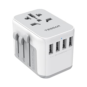 TESSAN Universal Power Adapter, International Plug Adapter with 4 USB Outlets, Travel Worldwide Essentials, All in 1 Wall Charger Converter for UK EU Europe Ireland AU (Type C/G/A/I) Grey