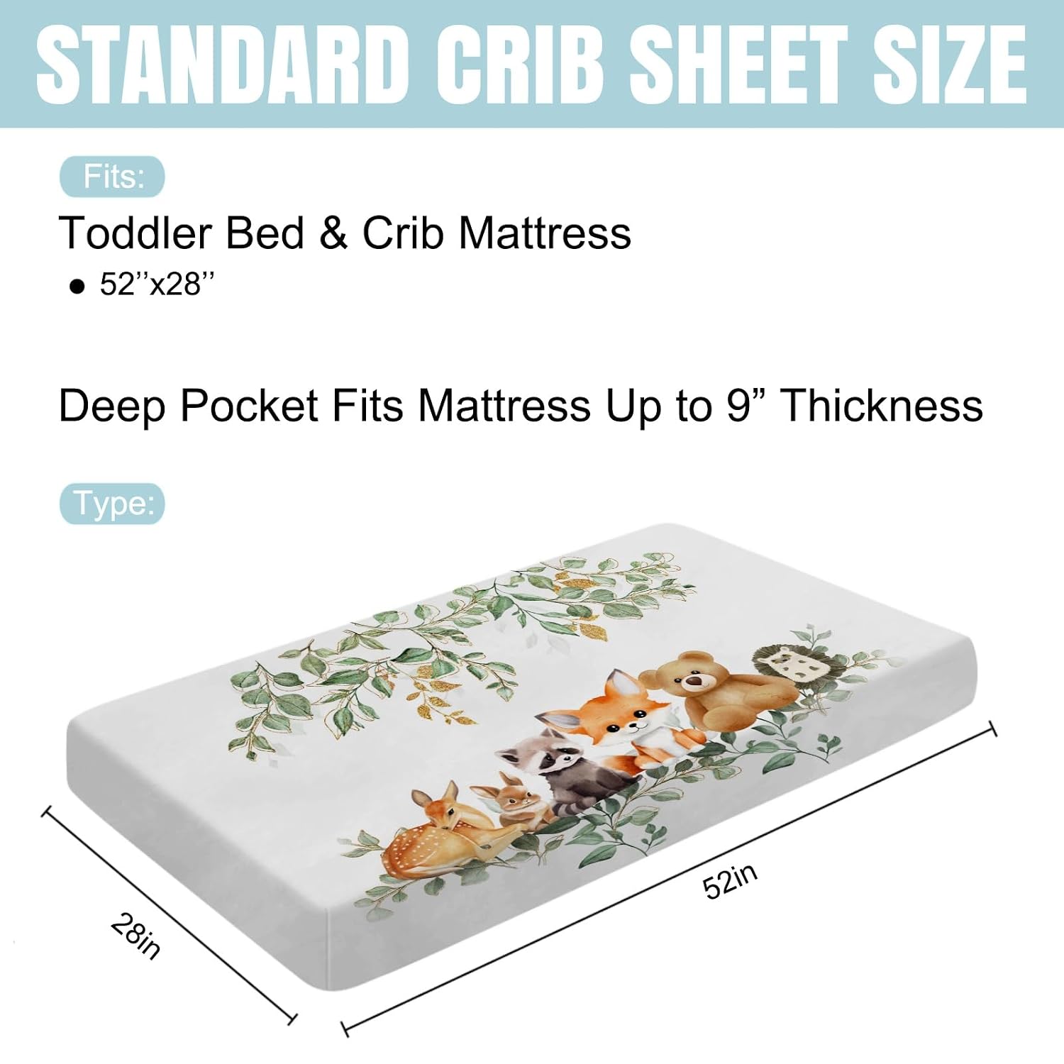 Cute Animals Eucalyptus Leaves Baby Crib Sheets 52''x28'' Bear Raccoon Deer Rabbit Hedgehog Stretchy Fitted Crib Mattress Sheet for Boy Girl Soft Bed Sheets for Standard Crib Toddler Mattress
