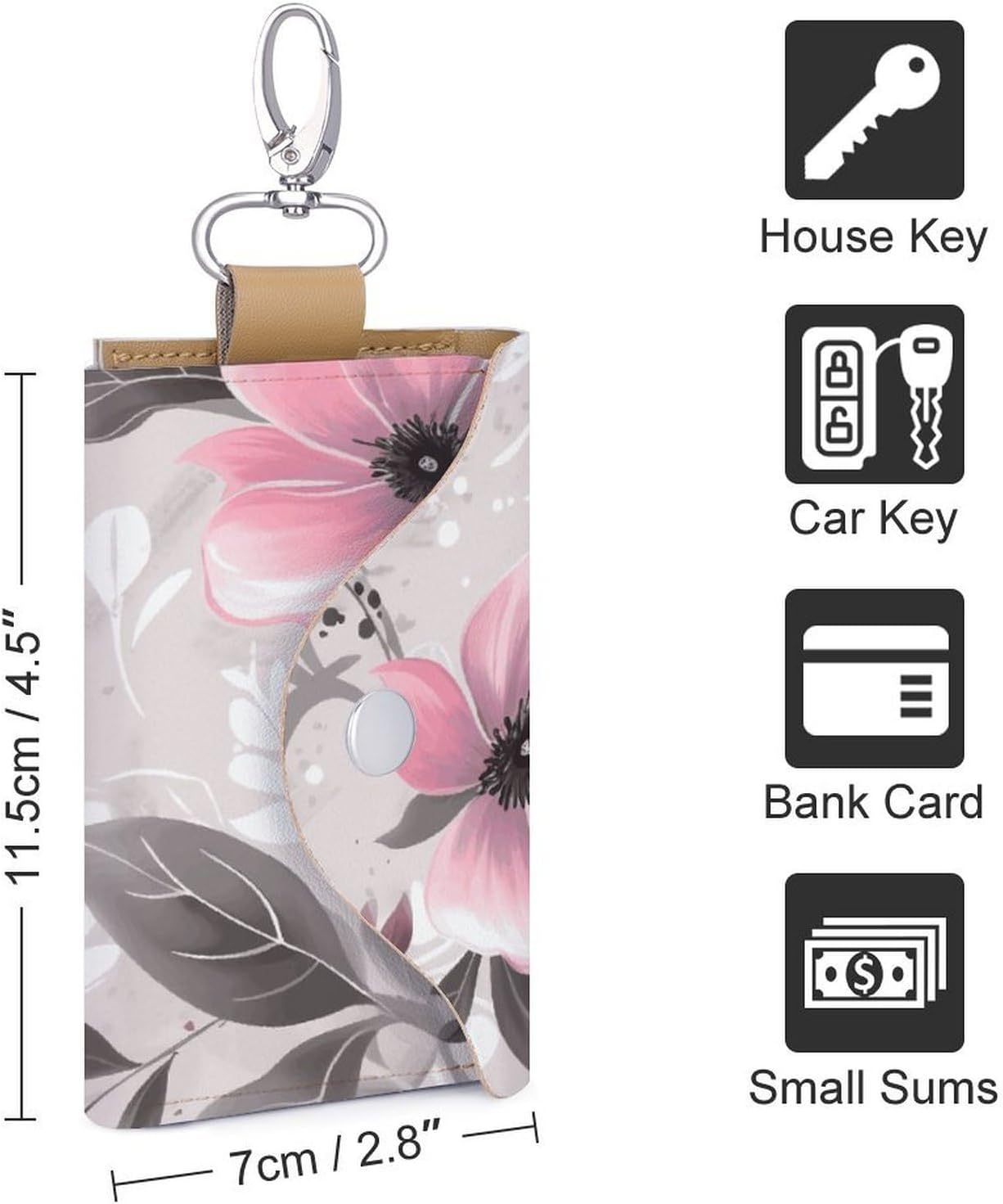Pink Flowers And Leaves on Gray Key Pouch, PU Leather Key Holder, Personalized Snap Closure Key Bag with Card Slot & Coin Pocket, Portable Key Organizer for Car Keys House Keys, Men Women