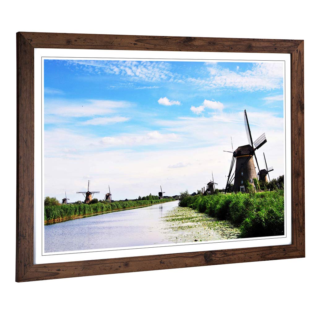 Big Box Art Framed Print of Landscape Windmills at Kinderdijk Holland Design | Wall Art Picture | Home Decor for Kitchen, Living Room, Bedroom, Hallway, Walnut, A2 / 24.5x18 Inch / 62x45cm