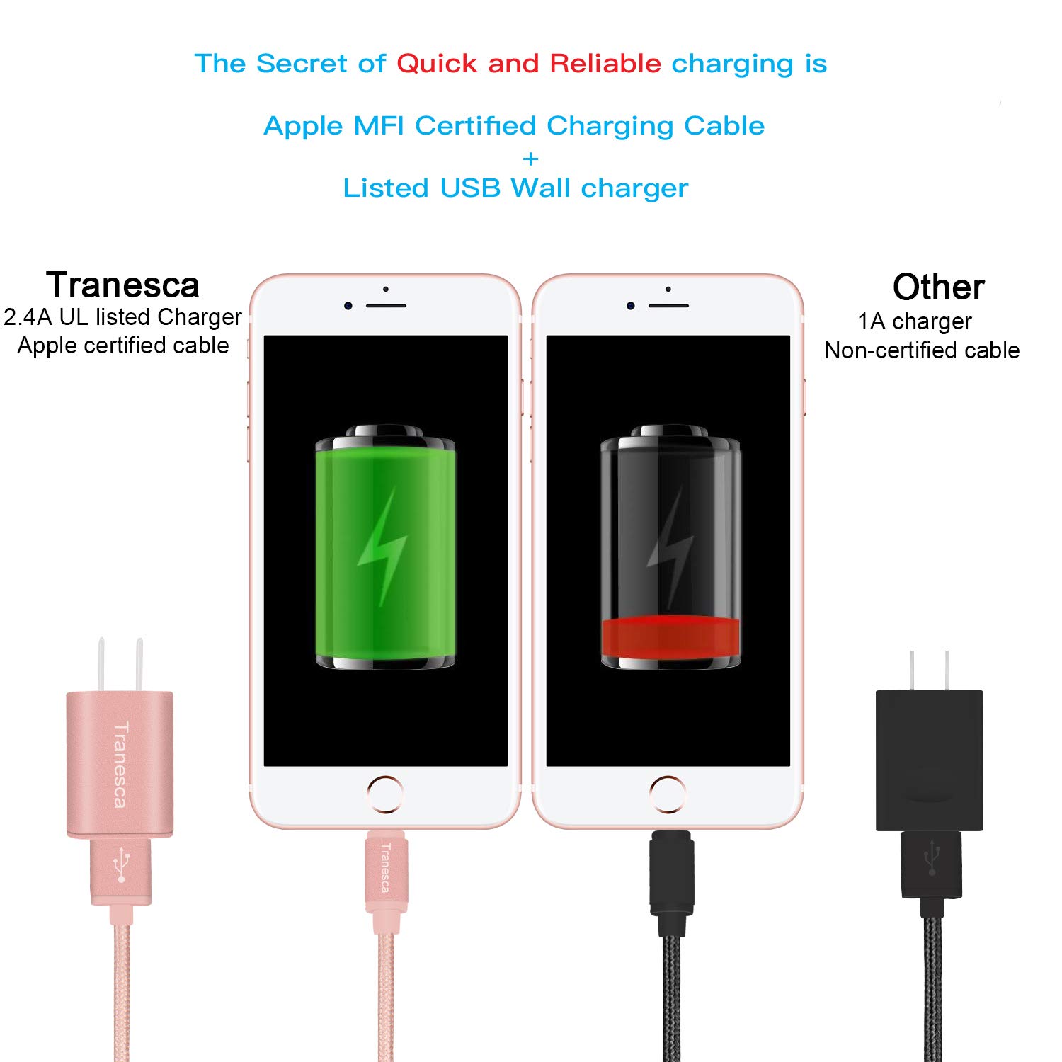 Tranesca Cargador de Pared USB Dual y Cable de Carga de 6 pies (Oro Rosa)