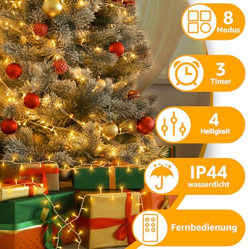 Ollny Lichterkette außen 20m 200LED, Lichterkette Weihnachtsbaum mit Fernbedienung und Timer, 8 Modi IP44 wasserdicht innen mit Stecker Weihnachten Hochzeit Party (Warmweiß)