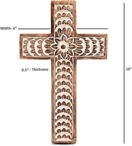 Miniatura 5 de EDHAS Cruz blanca tallada en madera de mango con diseño floral, decoración del hogar (10 x 6 x 0.5 pulgadas)