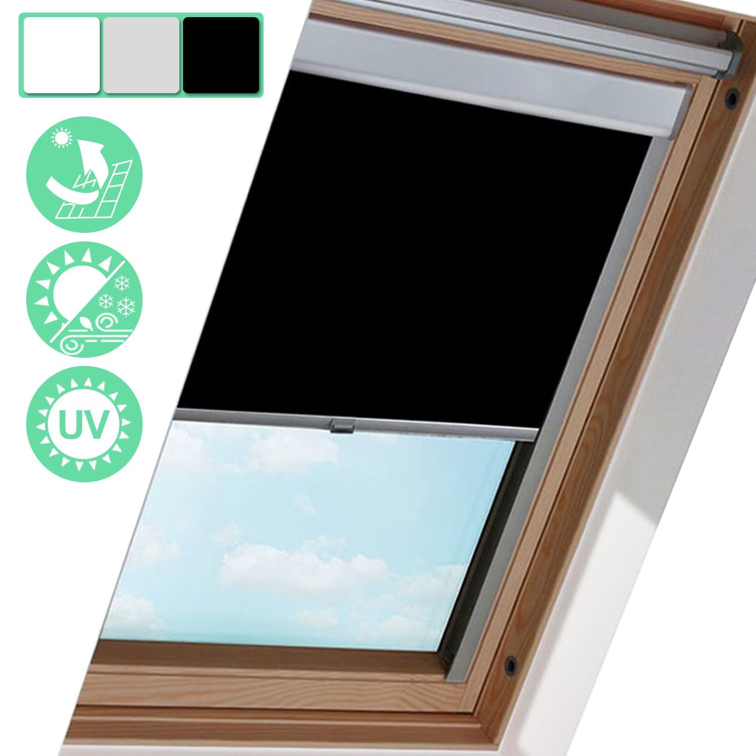 Estor opaco para tragaluz, estores térmicos, protección solar, con guía lateral, marco de aluminio, negro, estores para tragaluz, para M08 (tamaño de ventana: 61,3x116 cm), Montaje sencillo