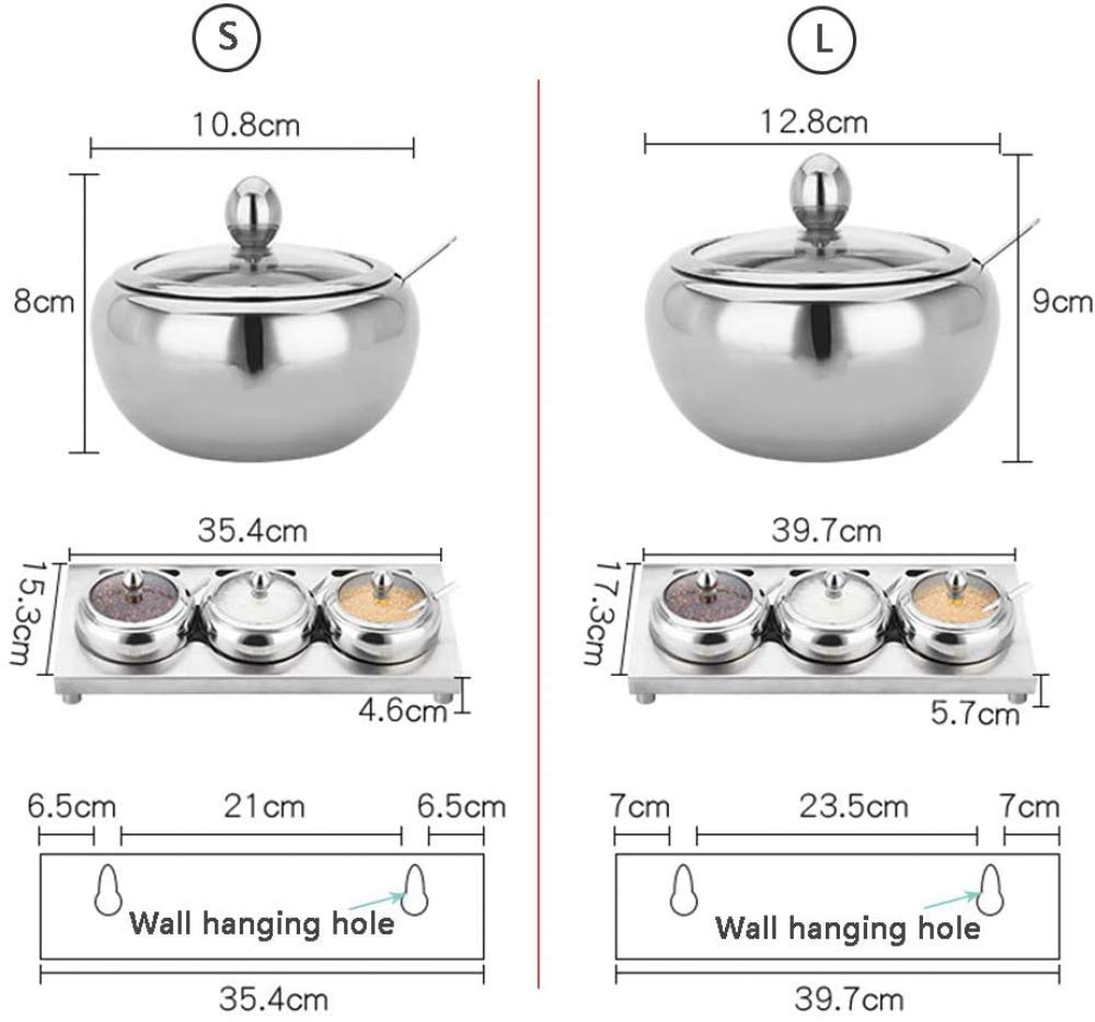 Gewürzdosen-Set, Zuckerdose aus Edelstahl mit Deckel und Löffel, 3 Edelstahl-Salzschalen, Gewürzdosen, Gewürzdosen mit Halter, groß