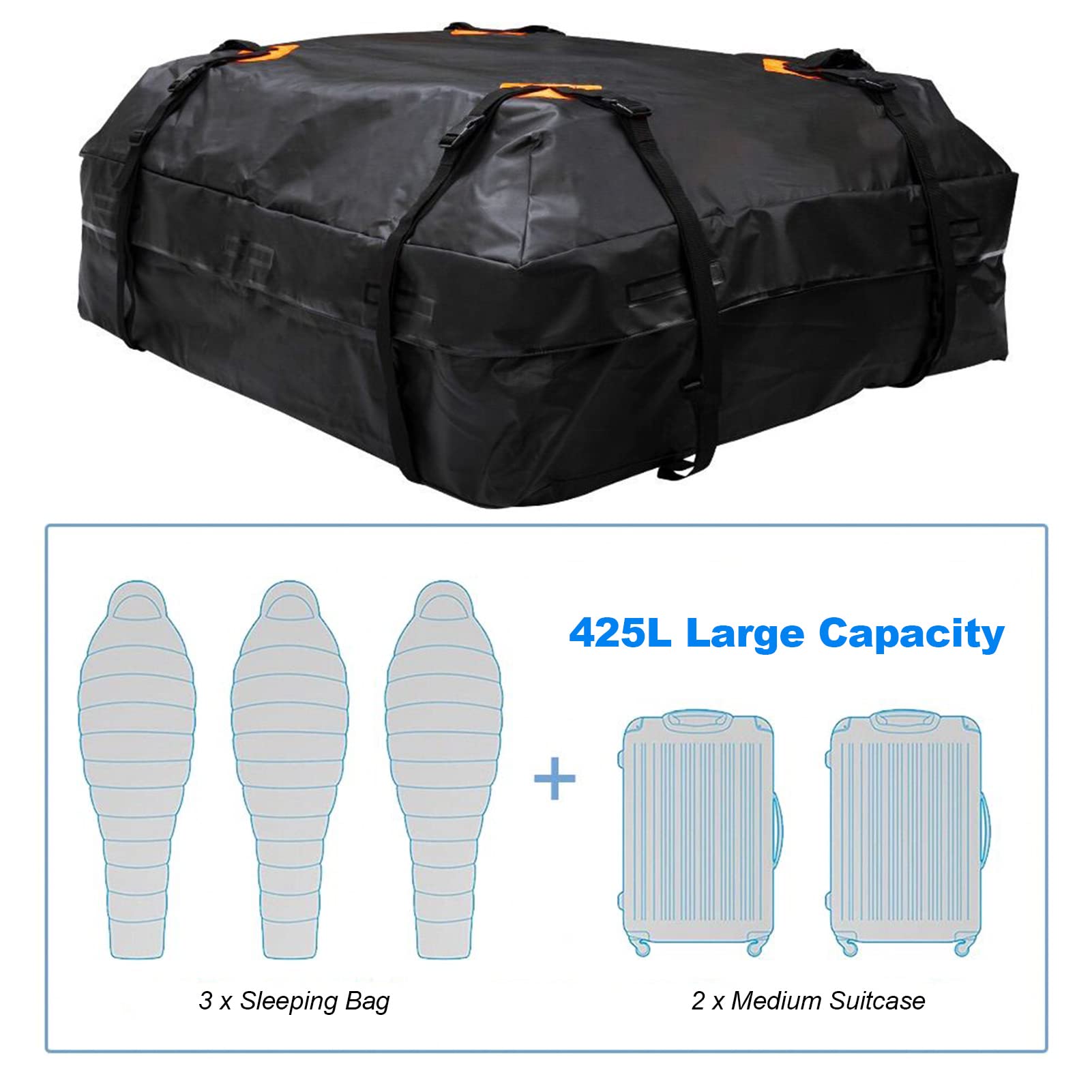 Shkalacar Box Tetto Auto Impermeabile, 425L Borsa di Stoccaggio Griglia del Tetto con 8 Fibbie Fisse con Cerniera a Due Vie per Viaggio Campeggio SUV Veicolo