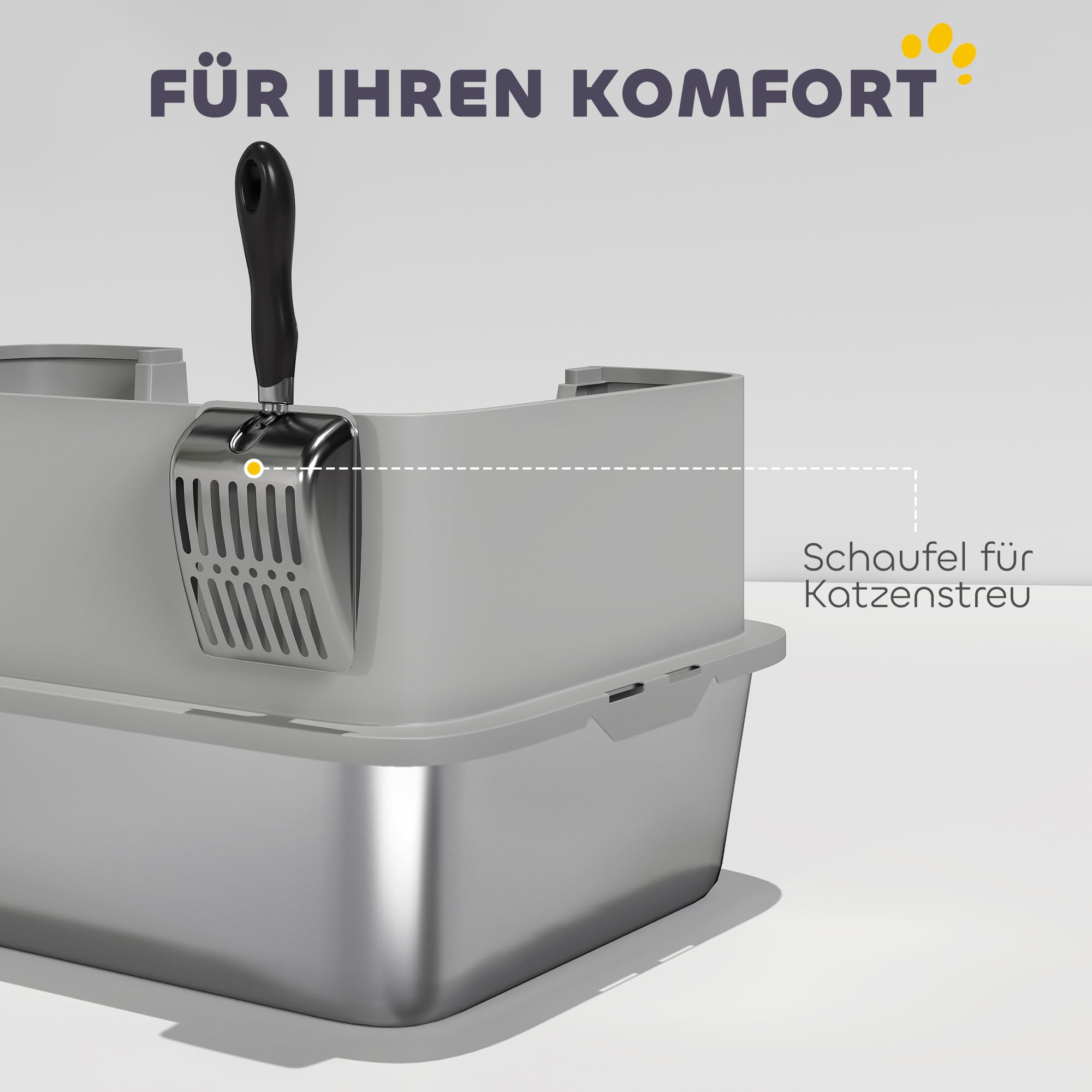 PawHut Katzentoilette XXL für Große Katzen 60,2 x 40,2 x 29,5 cm, Grau | Edelstahl, Offene Katzenklo Ohne Deckel, Mit Schaufel, Hohem Rand, Matte, Cat Litter Box, Bis 7 kg
