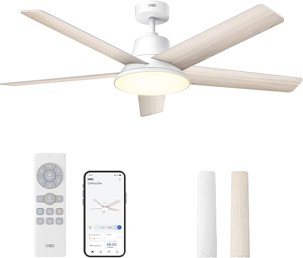 DREO ventilatore da soffitto smart con luce 132 cm, 12 velocità, 3 modalità, LED dimmerabile con temperatura colore regolabile, motore CC silenzioso, timer 12 h, controllo app e Alexa, bianco - 1