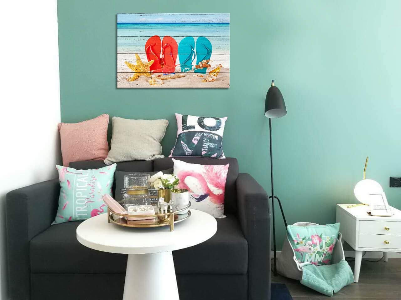 ArtHome520 Turquoise Sea Ocean Beach Board Home Decor Starfish Shell Canvas Print Pictrue Wall Art Bathroom Living Dining Room Artwork Modern Framed (16''x24'')