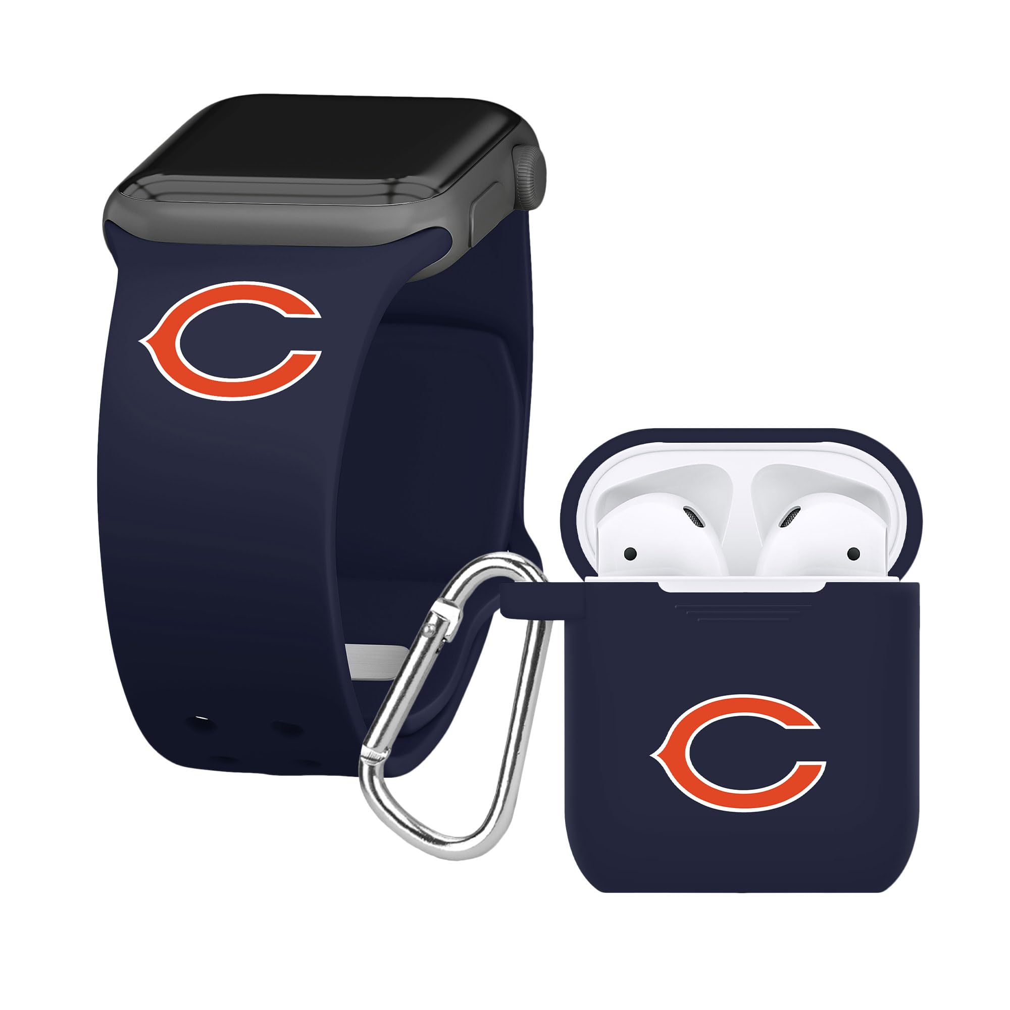 Game Time Chicago Bears Silicone Watch Band and Case Cover Combo Package Compatible with Apple Watch and AirPods Battery Case (42/44/45mm Navy/Navy)