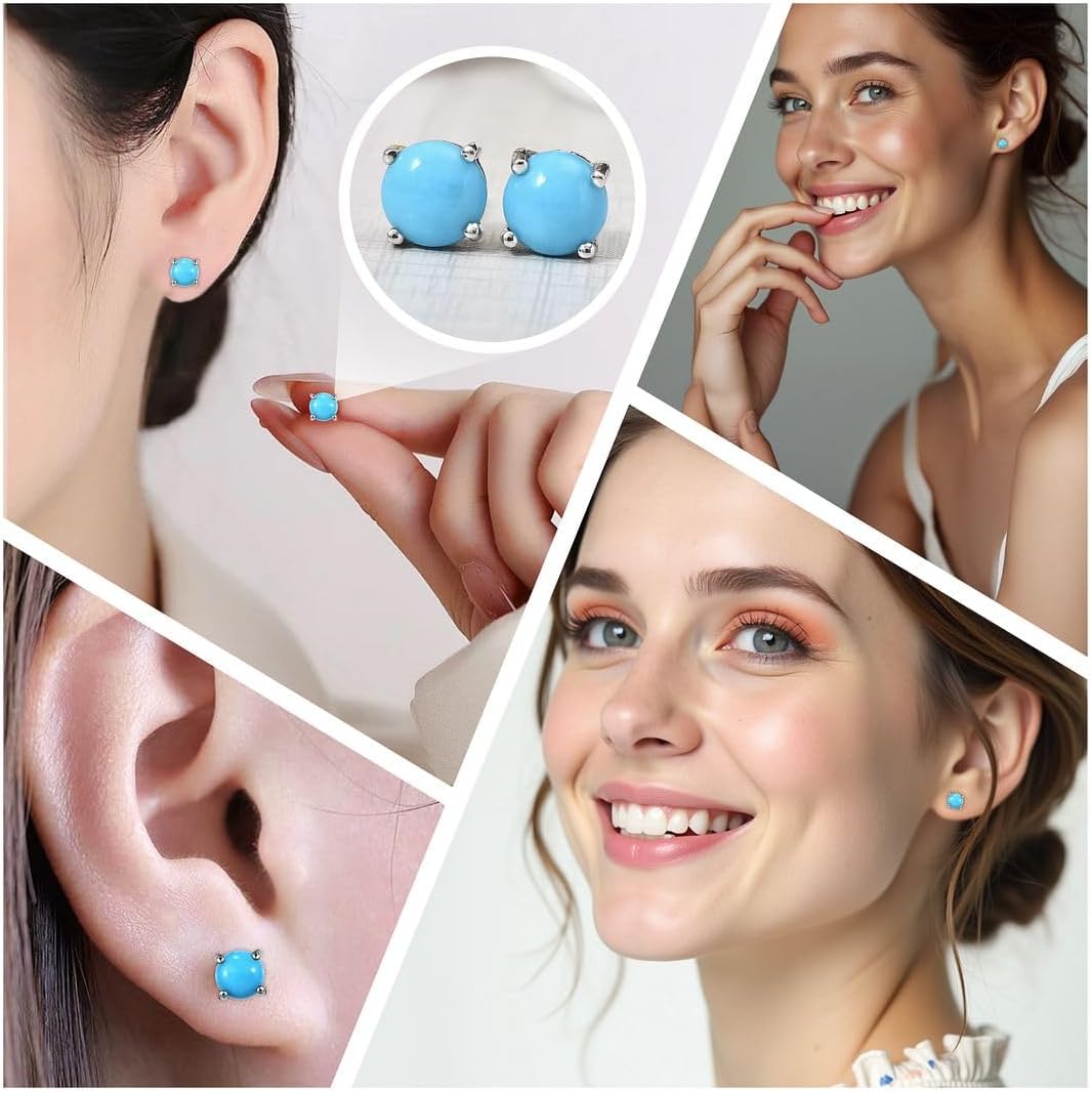 Blue Studs Turquoise Earrings for Women in 925 Sterling Silver with Platinum Plating - Beach Boho Western Earrings Turquoise Jewelry Birthday Christmas Gifts for Women - Image 2