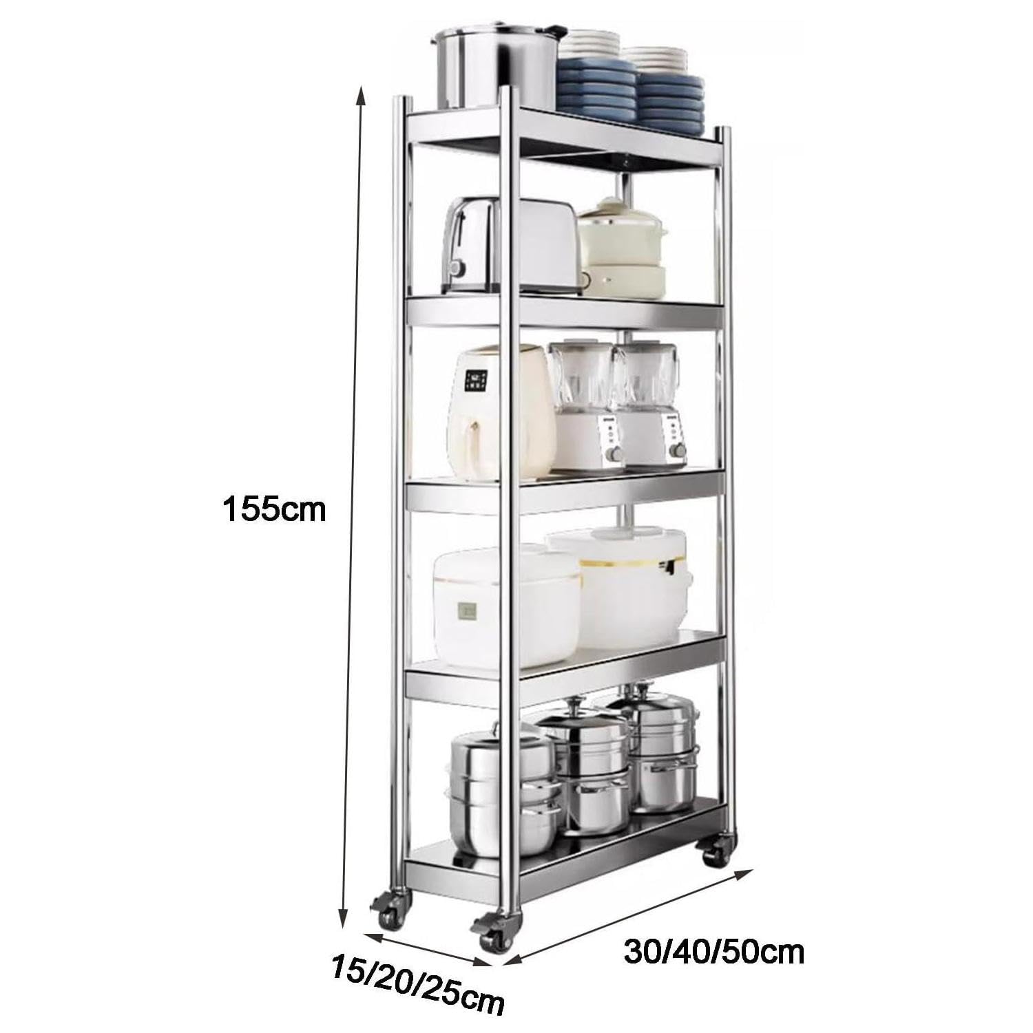 Carrello multiuso in acciaio inox – Carrello multiuso da cucina e bagno a 3/4/5 ripiani, per piccoli spazi, organizzazione del frigorifero, soluzione di archiviazione durevole ed elegante