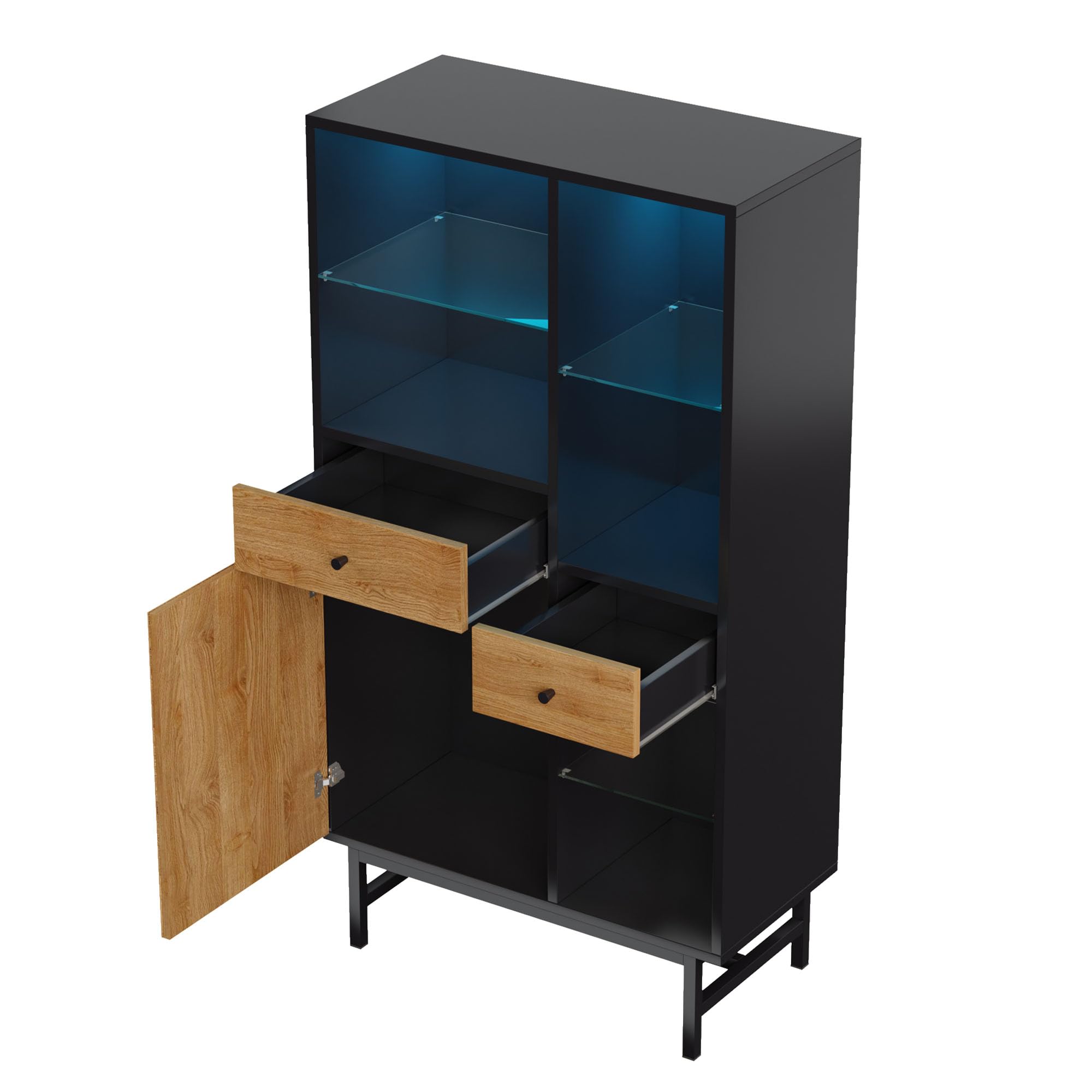 Idemon Vitrina con iluminación ambiental de 12 colores, armario de cocina con cajones y estantes de cristal, grano de madera triangular