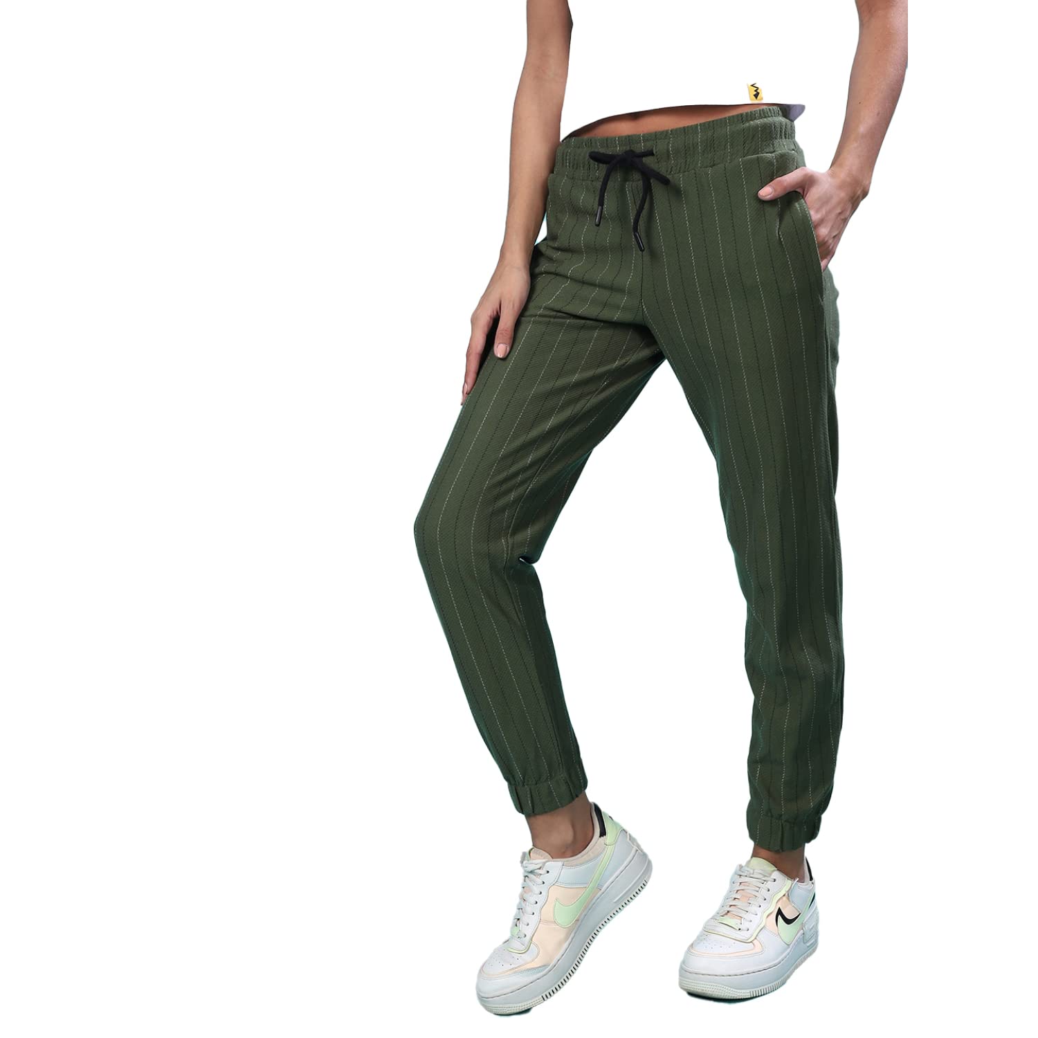 Campus Sutra Women Striped Straight Joggers with Insert Pockets in neutral